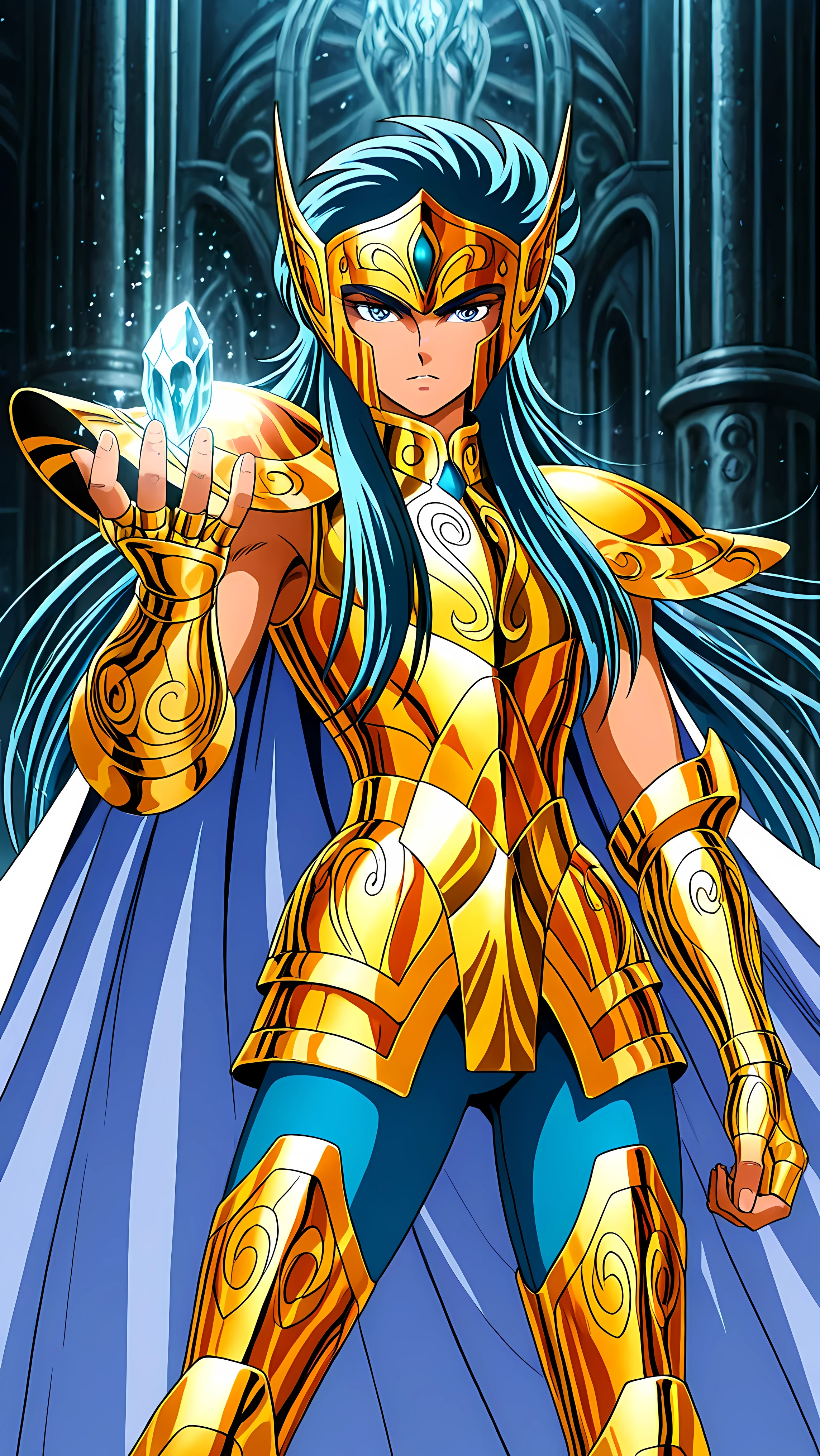 extremely detailed, anime design, intricate anime 2D graphics, intricate details, Camus of Aquarius in a battle pose, with a cold and determined expression. He is enveloped by an intense and menacing golden aura that contrasts with the frozen environment around him. Ice covers the ground, stalactites and ice crystals are scattered throughout the scene, with a frosty mist in the air. The Aquarius Armor should be faithful to Masami Kurumada's classic design in Saint Seiya, Light blue pants concealed beneath the armor;, with bright blue and gold metallic details. Dramatic lighting highlighting the armor's shine and the golden aura. Art style faithful to the original art style of the classic Saint Seiya manga and anime, aquariuscamus, long hair, blue hair, blue eyes, aquariusarmor, gold armor, helmet , cape, masterpiece, best quality, ultra high res / 8K, extremely detailed / finely detailed, perfect lighting / cinematic lighting, sharp focus / highly detailed eyes, smooth shading / vibrant colors, professional anime art / anime key visual, studio-quality illustration, nitidez perfeita,(masterpiece, detailed:1.2), , Aesthetic_PDXL, detailxl, 