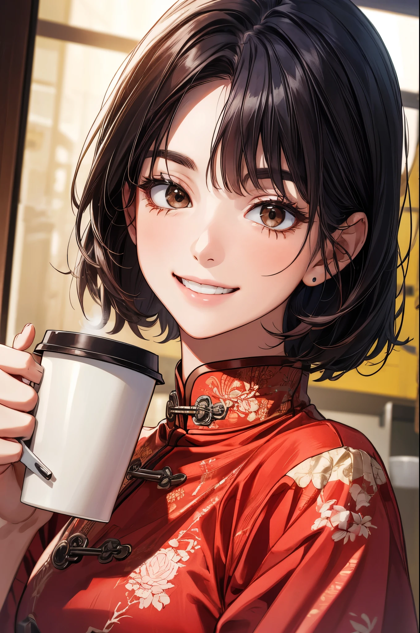 1woman、solo、beautiful and well-groomed face、Hot coffee cup and pot、dark brown eyes、shiny dark blue hair、bob hair、smile , cut china dress , white , pink , yellow , Active ,Upper body close-up、random angle