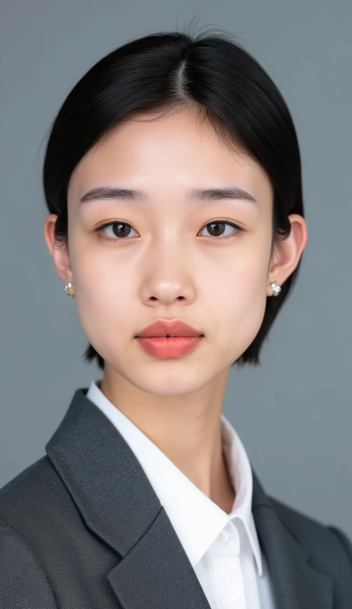 Passport photo of a neat young woman、facing directly、camera list、office lady suit、jacket、shirt、、、ear piercings、前髪あり、、、無表情、、、has closed its mouth、face close-up、grey background
