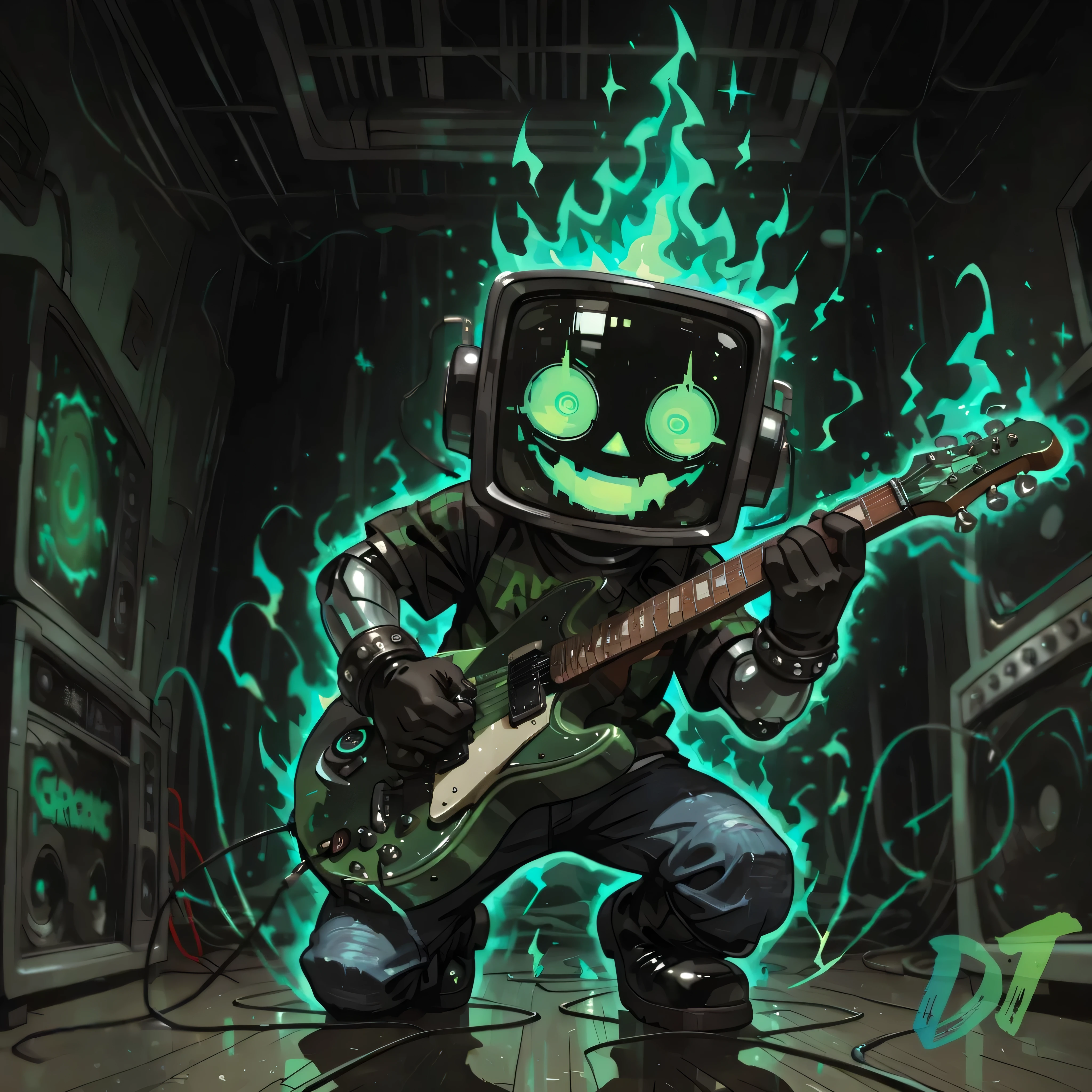 [The Horror Radio], [Mey...U ROCK!] [Release Music Soon], (masterpiece, best quality:1.2), (high detail, sharp lighting), music studio room, music tools, equipments, spotlight, solo, 1boy, craze_face, radio_head, vintage television face, playing rock music, expressive face, glowing circle eyes, glitch_face, (playing and holding a electric_guitar green_aura:1.6), (detailed guitar, detailed guitar strings), green aura flame, chibi, blue digital distortion, green pixel fragments, static effects, green lights inside screen, robot_skin black, black gloves, (floating), max pixel eyes, pixel mouth, green flames burning room, dark electronic horror theme, cinematic tension, high BPM energy, glitch streaks, digital noise particles, neon reflections on floor, spotlight from above, shadow under feet, foggy background, studio room, dark alley ambience, radio-static aura, thriller chase tone, (clean composition), (album cover framing:1.1). style wear rugged, layered outfits, black leather jackets, band or graphic t-shirts, distressed denim, and plaid shirts. Key accessories are heavy metal-inspired jewelry like studded bracelets, and footwear is typically comfortable and practical, such as boots, kneel one knee, peaked_moments, low angle position POV, ghostly, metallic magic, magic wave, soundwave, shockwave, (smashing guitar), actions, swing guitar, 