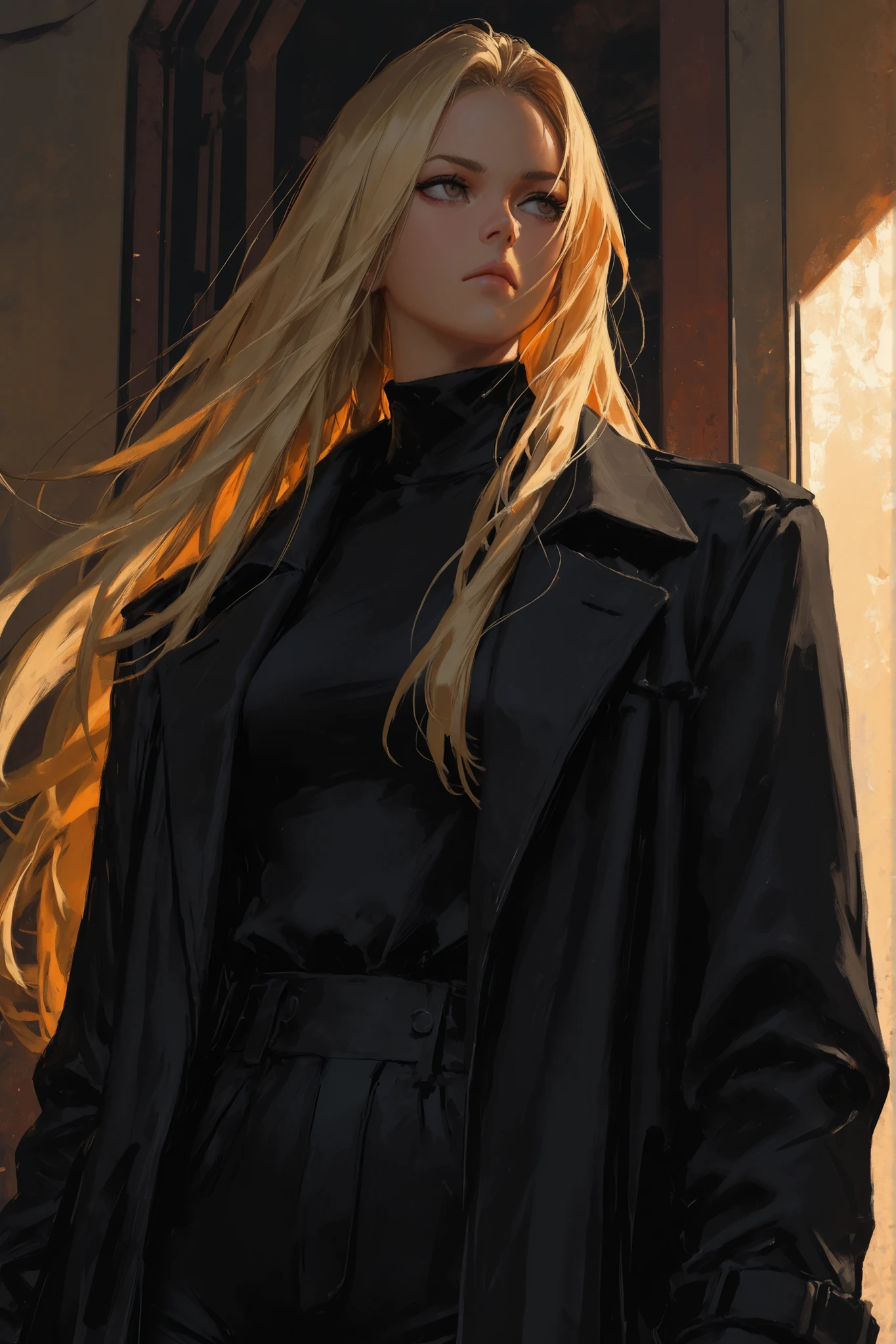 Highly detailed waist-up Illustration of a korean girl, dramatic lighting, black trenchcoat and turtleneck underneath, black utility pants, very long straight blonde hair, standing neutral, serious face, looking away, Korean comic style , semi-realistic art , semi-realistic art style , detailed, portrait, upper body, guweiz style, wlop style, artgerm style, krenz cushart style, realistic portrait, masterpiece, best quality, absurdres