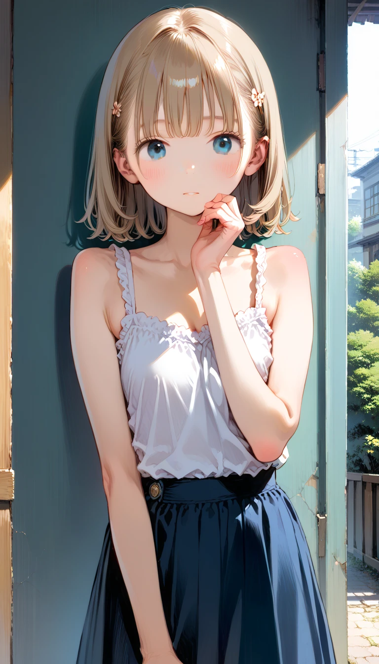 、The girl is depicted in full growth, ONE girl, (you see the girl from head to toe), Girl in a courtyard, cute bow, Girl meets you, shy small smile, The girl is depicted in full growth, you see the girl from head to toe, nostalgic appeal, country girlfriend, (FLATCHESTED:1.3)、flat , superflat , naughty girl, one embarrassed girl in short cute skirt, simple clothes, zero size, blunt bangs, Blonde hair with short ponytails, Blue eyes, White skin, clothes, young girl, freckles, 10 year old girl on a date