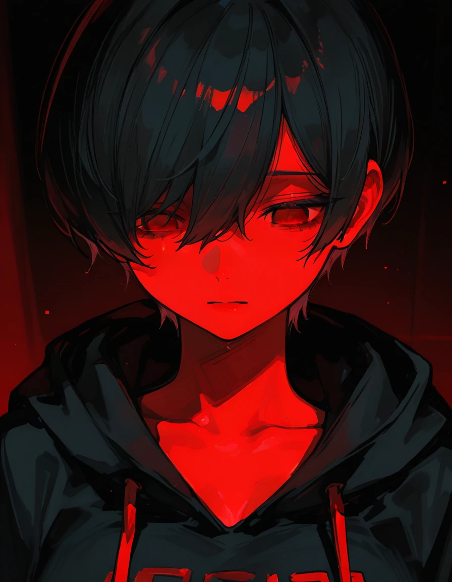[(RED BACKGROUND:1.5),::5], ((((masterpiece)))), high quality, ultra very high resolution, full color, (((solo))), ((little boy)), black hair, ((red streaked hair)), blue eyes, anime, ((upper body)), neon light, black parka, (flame effect:1.2), (blood effect:1.6)