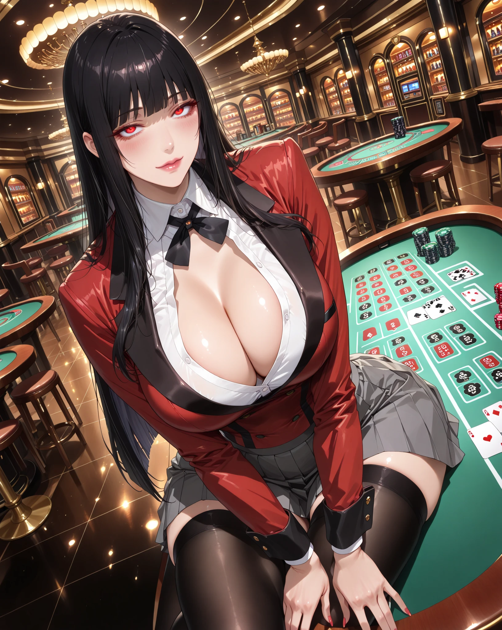 A dimly lit casino, shrouded in smoke and mirrors, serves as the backdrop for a high-stakes game of survival. MILFs with wicked grins, dressed to seduce, welcome debtors with cruel eyes. Heavily indebted individuals, desperate for a turnaround, place their last bets as dealers and hostesses exude a sultry aura. The air is thick with tension as lives hang in the balance, and the beautiful demons lure players into making reckless choices. In this hellish utopia, money and lives are gambled away, and the only reward is destruction., ????, Characters focus, fisheye lens, Close-up