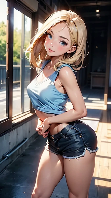 1girl solo, view , high heels, cut jeans, tube , looking at viewer, smiling, garden background, ((in vector style)), sakimichan art style