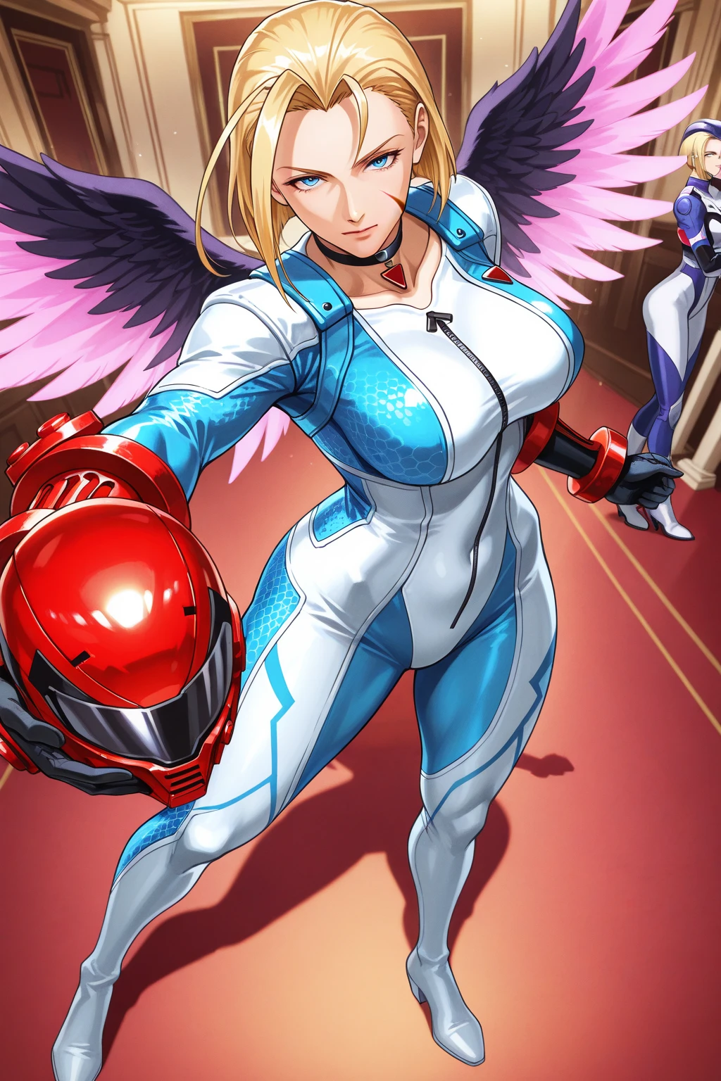 Anime girl with angel wings and a pink ???????? posing, Abnormally enlarged ????, ????, super wide angel, biomechanical ????, ???? proportions, chic, Bubble Gum Body, Shiny skin, Highly detailed body, Cute ???? ???, latex BODY suit, Pink Hair, Heart-shaped earrings, A-line bob cut hair, Heart hands, blue eyes, Blue glowing eyes, Circle of angels overhead, torogao, tongue out, saliva, blush,