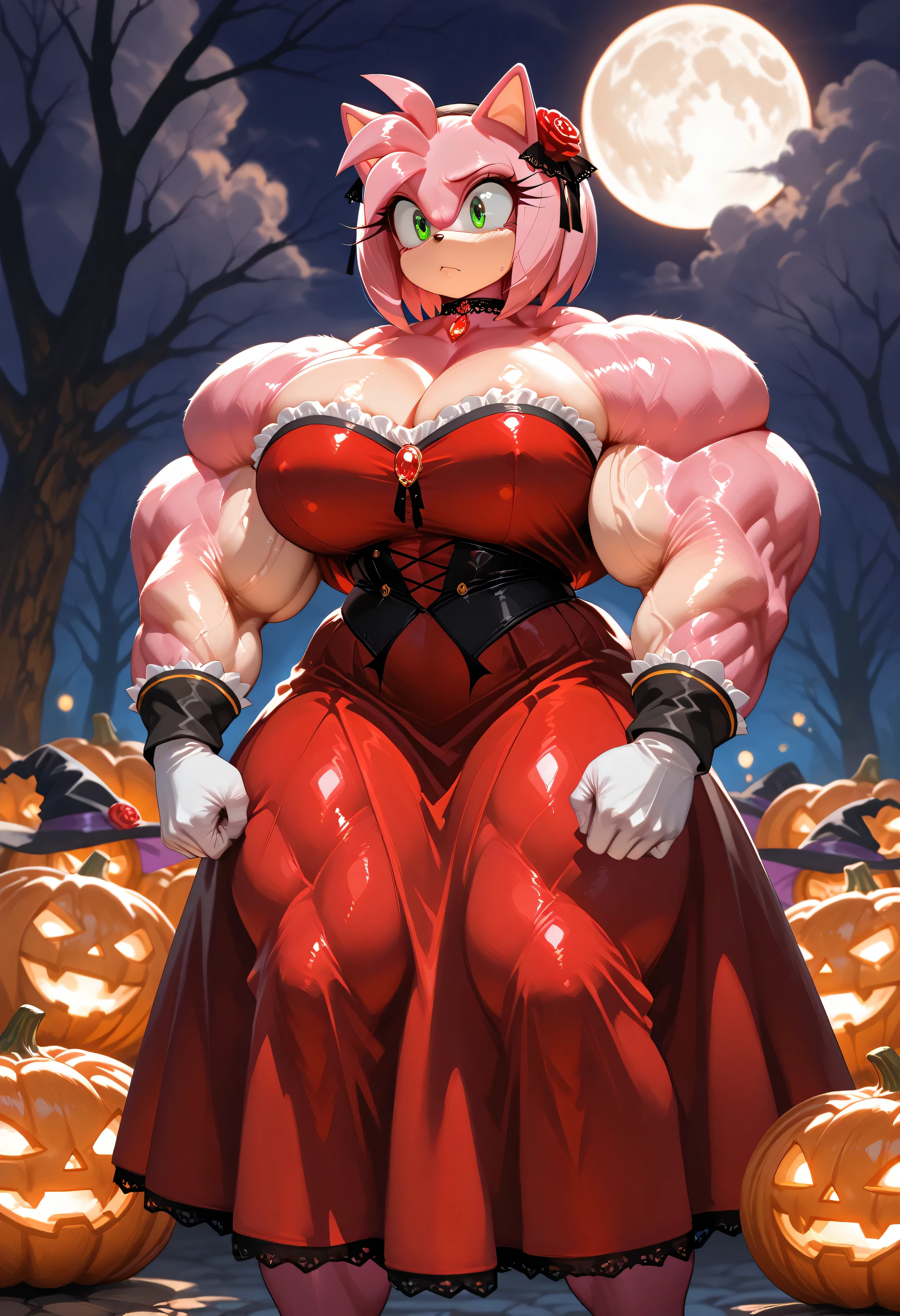 amy rose,furry female,pink fur,short hair,green eyes,pink hair,Shiny skin,hyper gigantic muscles,hyper muscles pumping,hyper muscles developed,Hyper Heavyweight Muscles,A vibrant anime-style vampire girl with pink hair and glowing emerald eyes, standing in a moonlit pumpkin patch on Halloween night. She wears a gothic red dress with black lacing, a gemstone choker, and rose accessories in her hair. Jack-o’-lanterns glow warmly around her, casting soft orange light on her face. A full moon and swirling clouds illuminate the dark forest behind her. High-detail, cinematic lighting, magical atmosphere, crisp outlines, fantasy character design, ultra-detailed, 4k.”