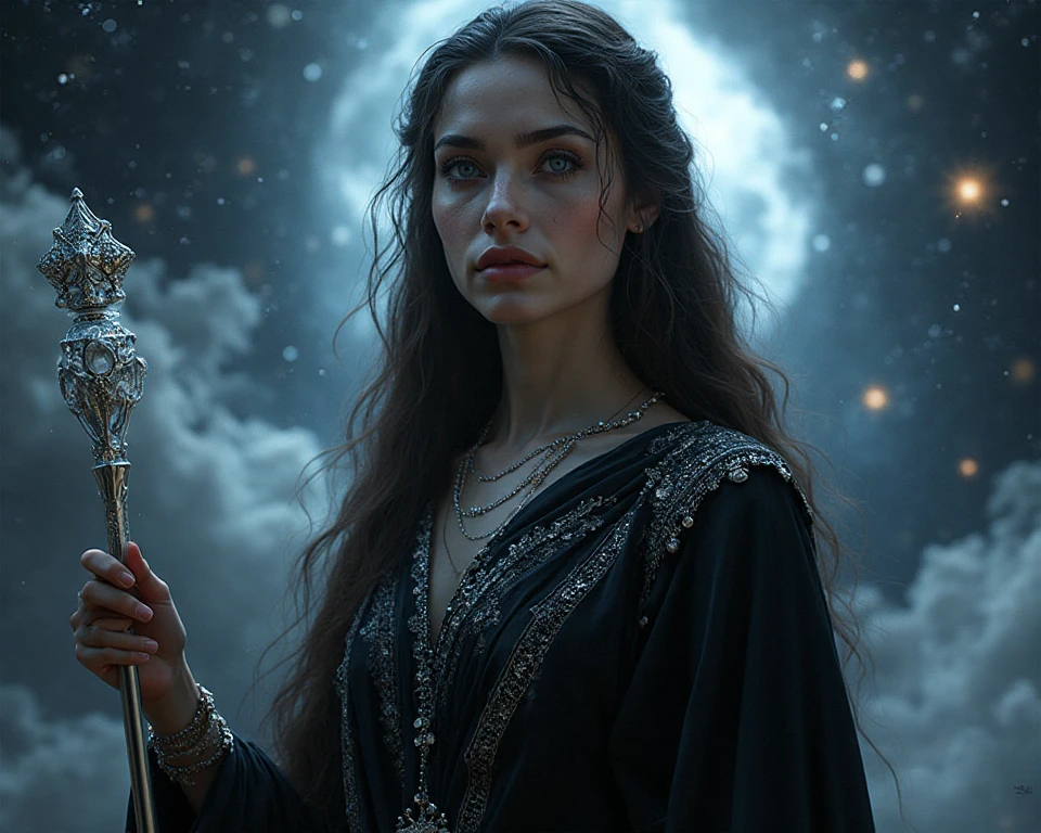 (Front Focus), (In the Dark:1.6), Hyperrealist Female Portrait by David Hockney and Alphonse Mucha, Fantasy art, Photorealistic, Dynamic Lighting, Art Station, Poster, Volumetric lighting, Highly detailed face, 4k yen, Awards, One girl, In the Dark, Deep Shadow, Modest, Cowboy Shot, (Official attire:1.4), Long Hair, Gray Hair