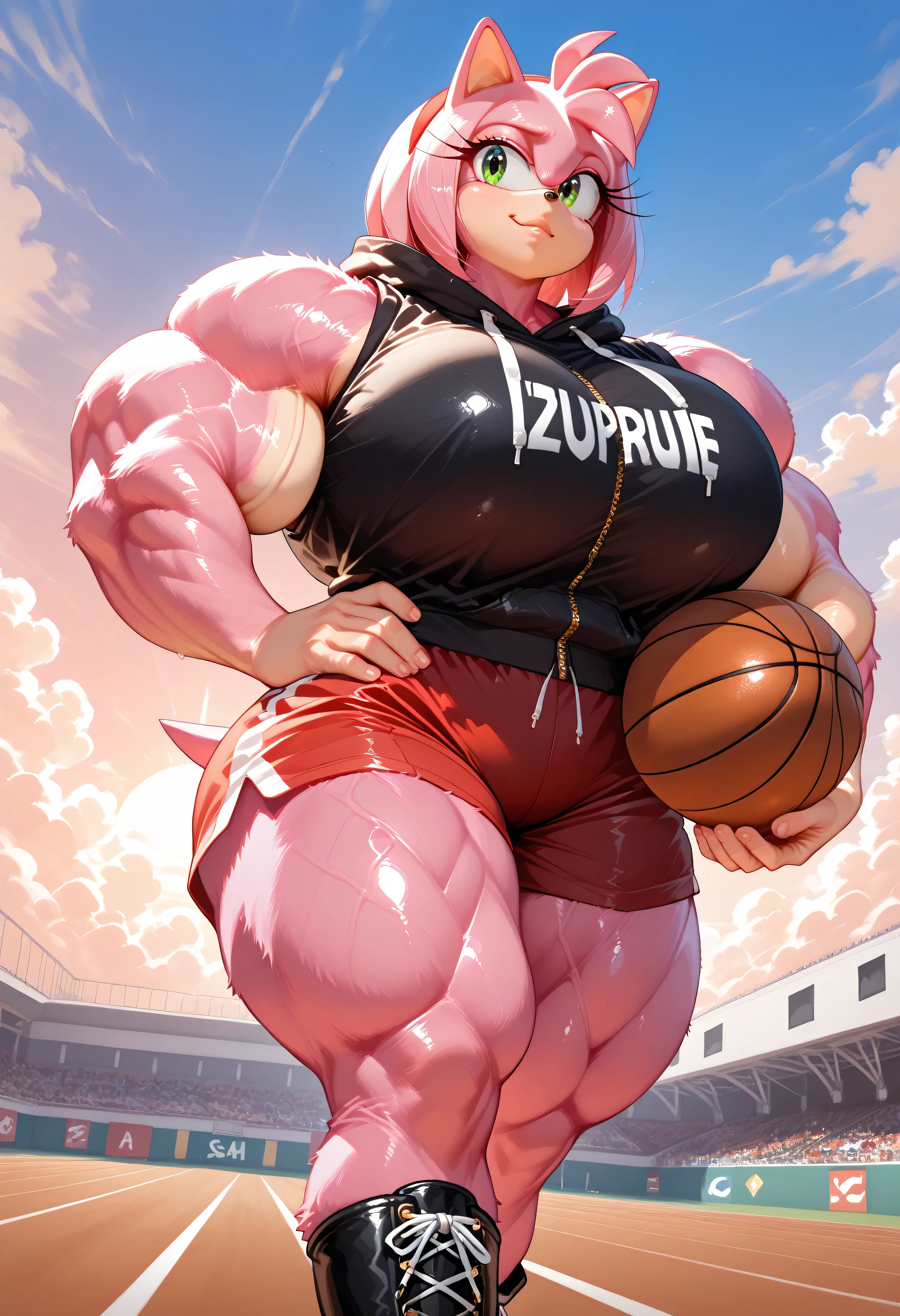 amy rose,furry female,pink fur,short hair,green eyes,pink hair,Shiny skin,hyper gigantic muscles,hyper muscles pumping,hyper muscles developed,Hyper Heavyweight Muscles,Cute stylized anthropomorphic hedgehog with pastel pink fur, expressive green eyes, and a sporty streetwear outfit: black zipped vest hoodie, red shorts with black accents, and oversized brown lace-up boots. The character stands proudly on a track-like court while holding a basketball, with a glowing sunset behind them and soft clouds in the sky. Clean, vibrant lighting, semi-realistic shading, colorful illustrated aesthetic, high-resolution, polished character art.”