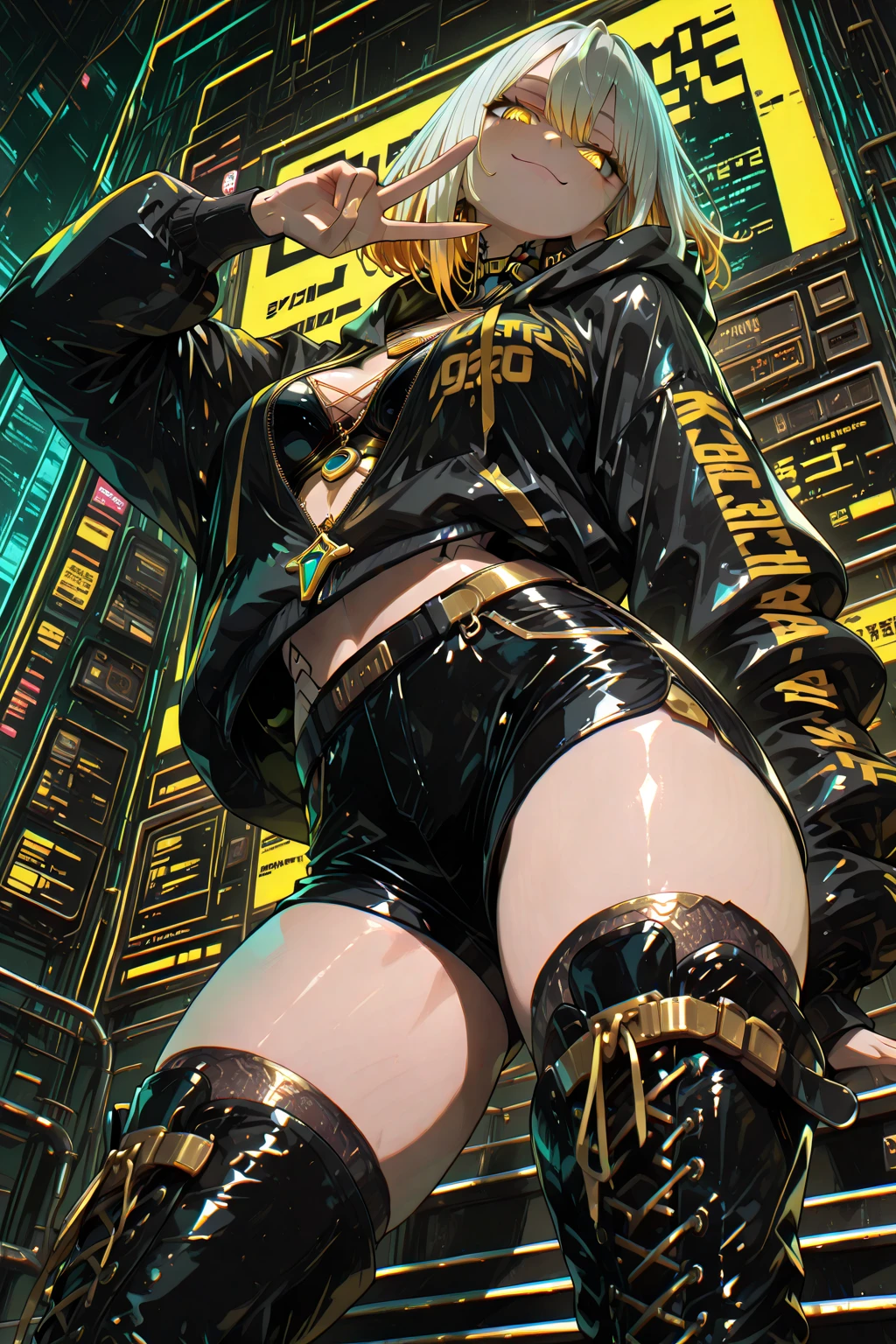 Slender woman in cool beauty style. Female Solo. Her yellow hair is partially accented with black. big headphone. A look of bewilderment.Stretch your tongue.she has short hair. Blunt bangs. Two cords extending from the headphones. . Yellow and black leotard. The tattoo. Sharp eyes. to emphasize . chastity belt.