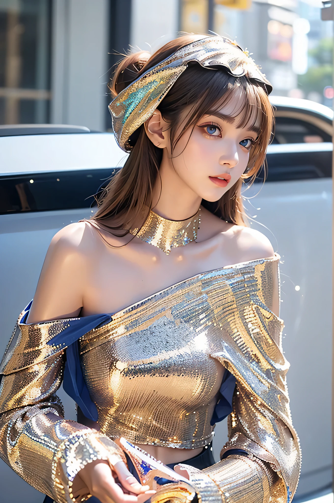 super cute young face,Very beautiful cute girl,
Beautiful detailed eyes,
(japanese idol face:1.1),
(crystal clear Large eyes:1),
Long straight brown hair,
see-through bangs,
beautiful detailed eyes,
BREAK (upper body Super shiny Metallic blue fashionable off-shoulder long sleeves tops:1.5) , (lower body Super Shiny metallic gold tight mini skirt:1),
Walking,
In the city,
Brown hair