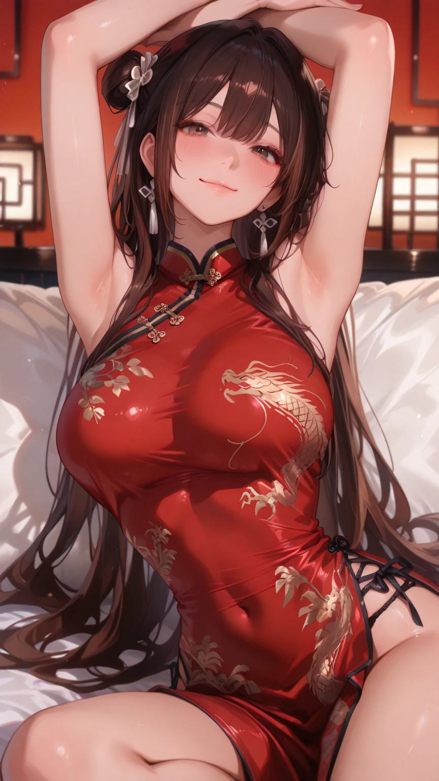 masterpiece,8k,high quality,full body:1.7,clean blue eyes,open red mouth,red tiek,Very calm and gentle expression,open mouth,biggest large brest,tight west,very sparking pink clothes,a woman in a pink sparking dress sitting on a bed,Sheer off-the-shoulder peach lace princess tulle dress,an anime drawing, by Yang J, fantasy art,red , render of a cute 3d anime chinese girl, artgerm and william bouguereau,long wavy shyny black pink hair,nightcore, beautiful detailed body and face, beautiful avatar pictures, high quality detailed anime,chinese cute girl,wide angle landscape view:1.4,