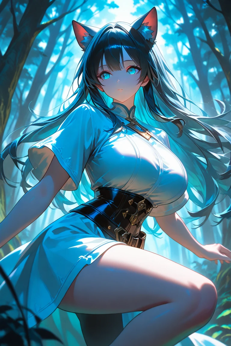 Sadako，Adult daughter，white one-piece dress， hair over eyes， Eyes covered， In the dark forest，with a large breasts，Brunette Hair，Scary