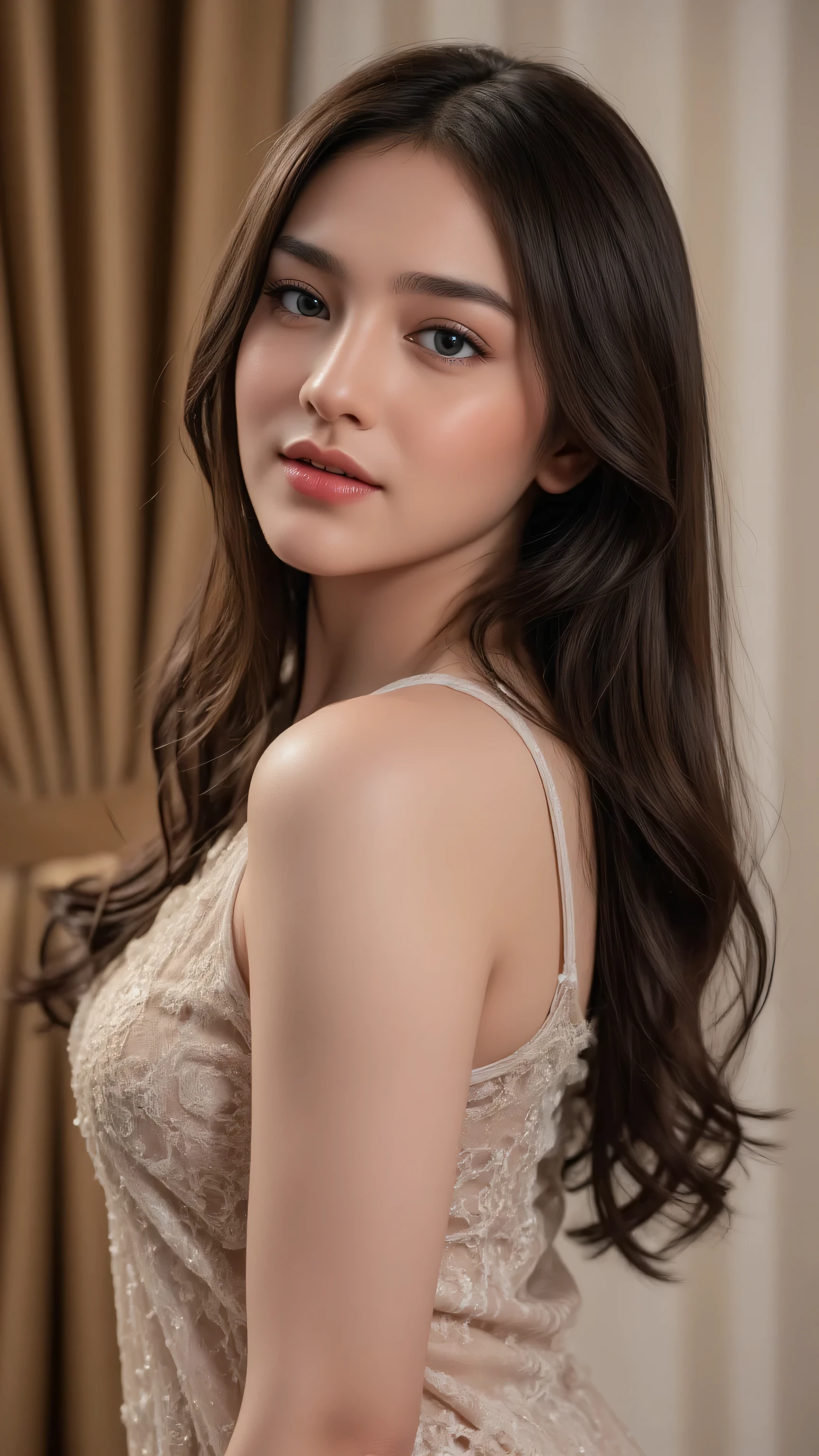 beautiful young woman, celebgram, sensual,  gaze, full-body shot, detailed portrait, delicate facial features, alluring expression, captivating pose, slender figure, natural skin tones, high-end fashion, luxury setting, elegant ambiance, cinematic lighting, 8K, ultra-detailed, photorealistic, professional photography, dramatic colors, warm tones, soft focus