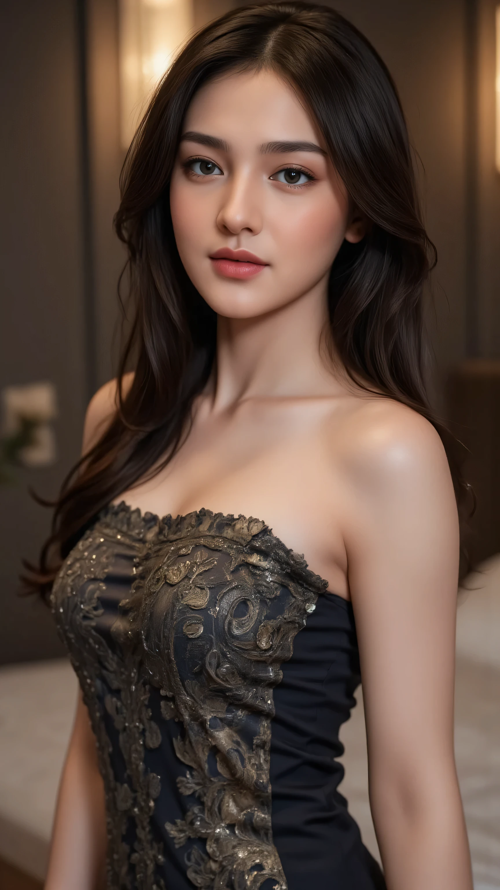 beautiful young woman, celebgram, sensual,  gaze, full-body shot, detailed portrait, delicate facial features, alluring expression, captivating pose, slender figure, natural skin tones, high-end fashion, luxury setting, elegant ambiance, cinematic lighting, 8K, ultra-detailed, photorealistic, professional photography, dramatic colors, warm tones, soft focus