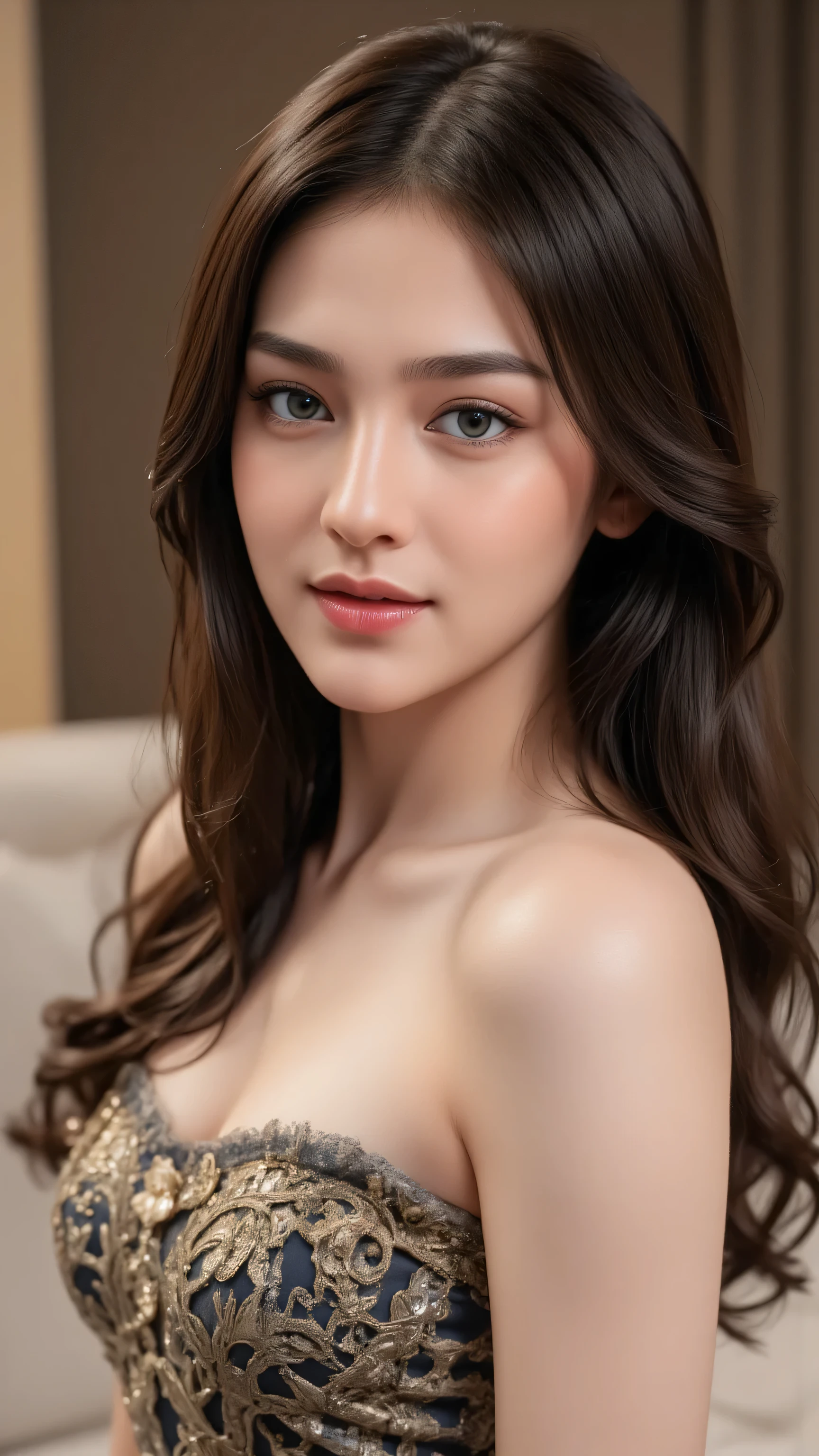 beautiful young woman, celebgram, sensual,  gaze, full-body shot, detailed portrait, delicate facial features, alluring expression, captivating pose, slender figure, natural skin tones, high-end fashion, luxury setting, elegant ambiance, cinematic lighting, 8K, ultra-detailed, photorealistic, professional photography, dramatic colors, warm tones, soft focus