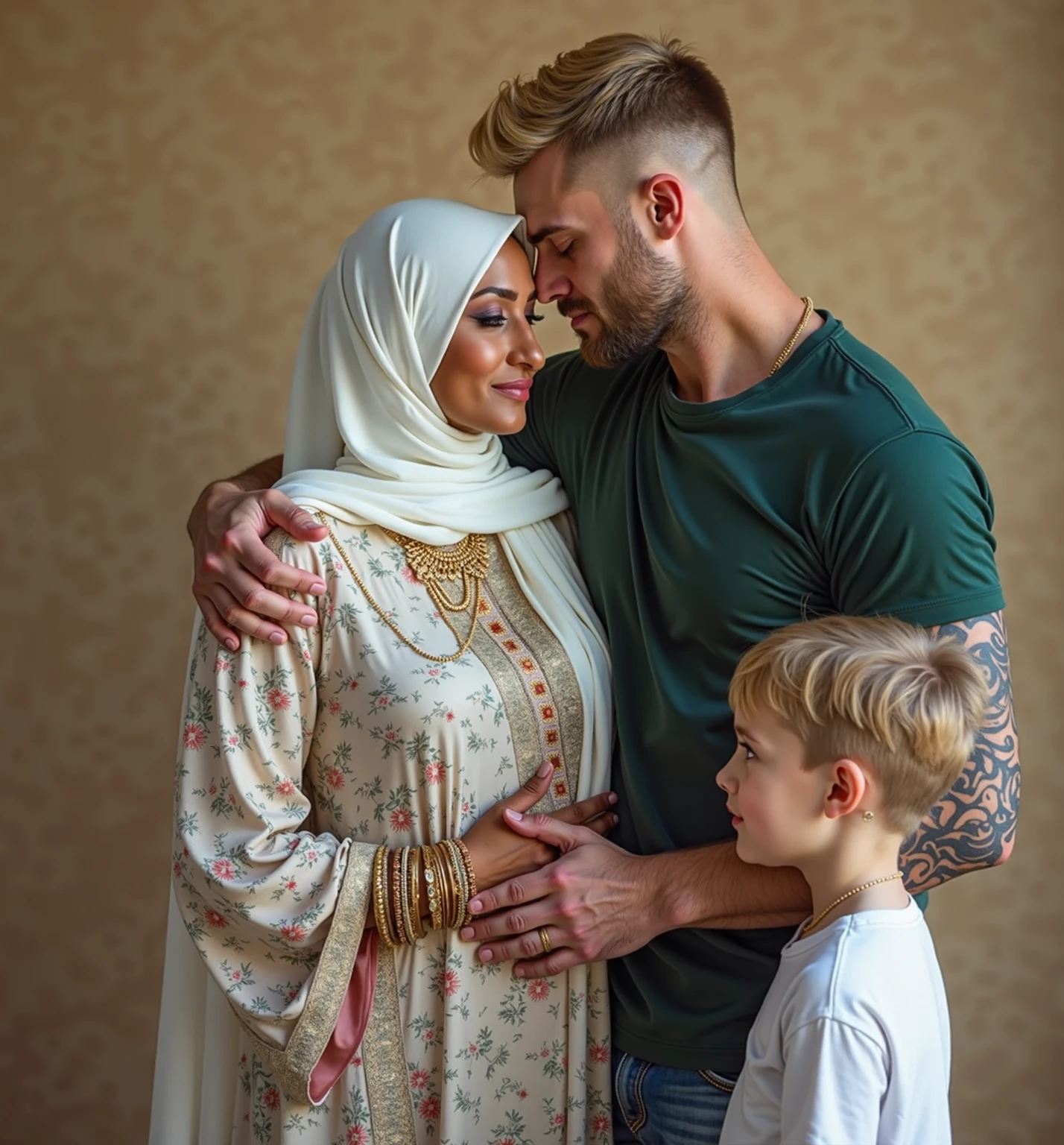 Pale skin kurdish woman in hijab  shoulder  arm breasts  talking with a ugly man in bedroom view from side angry raged 