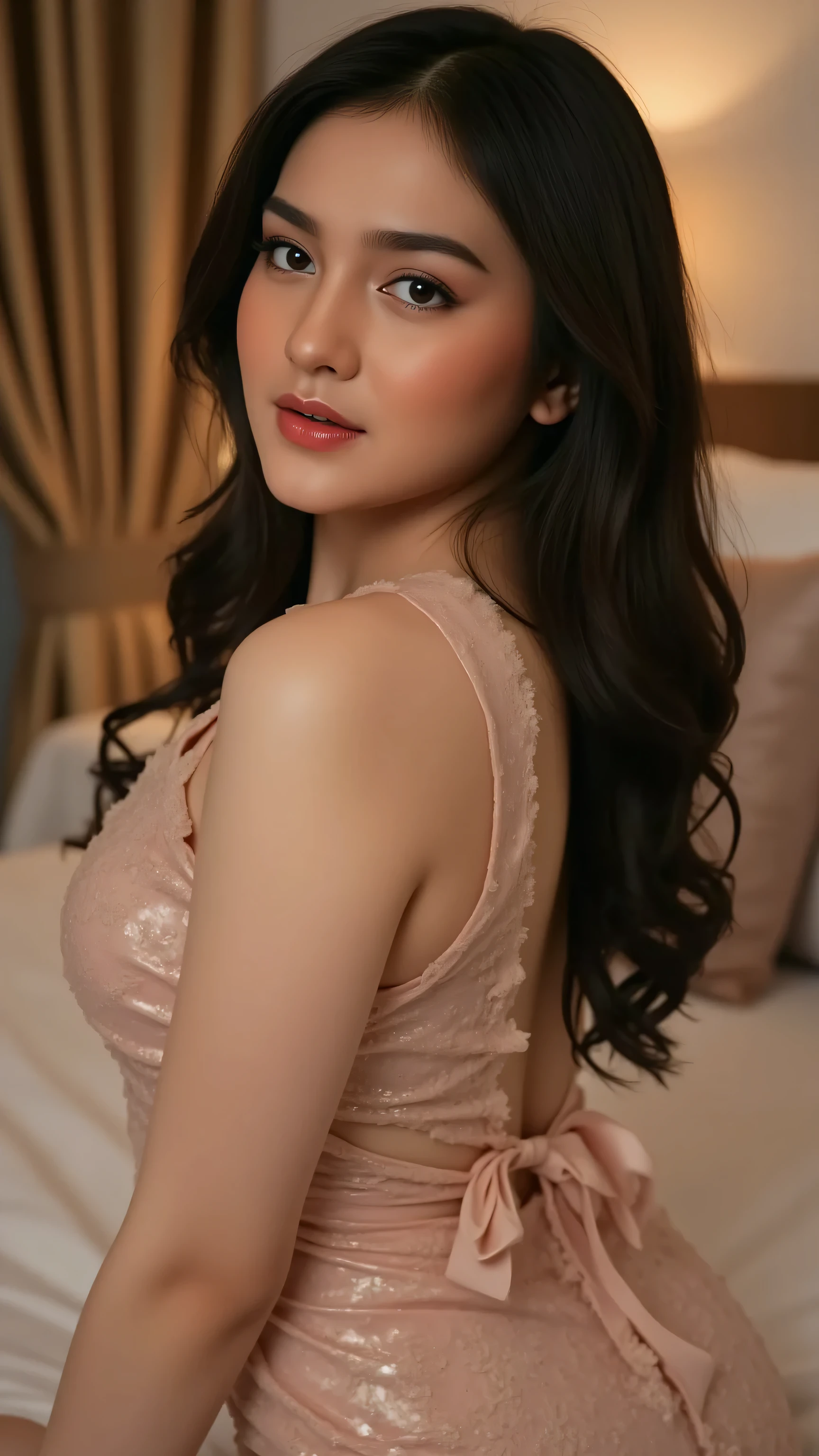 beautiful young woman, celebgram, sensual,  gaze, full-body shot, detailed portrait, delicate facial features, alluring expression, captivating pose, slender figure, natural skin tones, high-end fashion, luxury setting, elegant ambiance, cinematic lighting, 8K, ultra-detailed, photorealistic, professional photography, dramatic colors, warm tones, soft focus