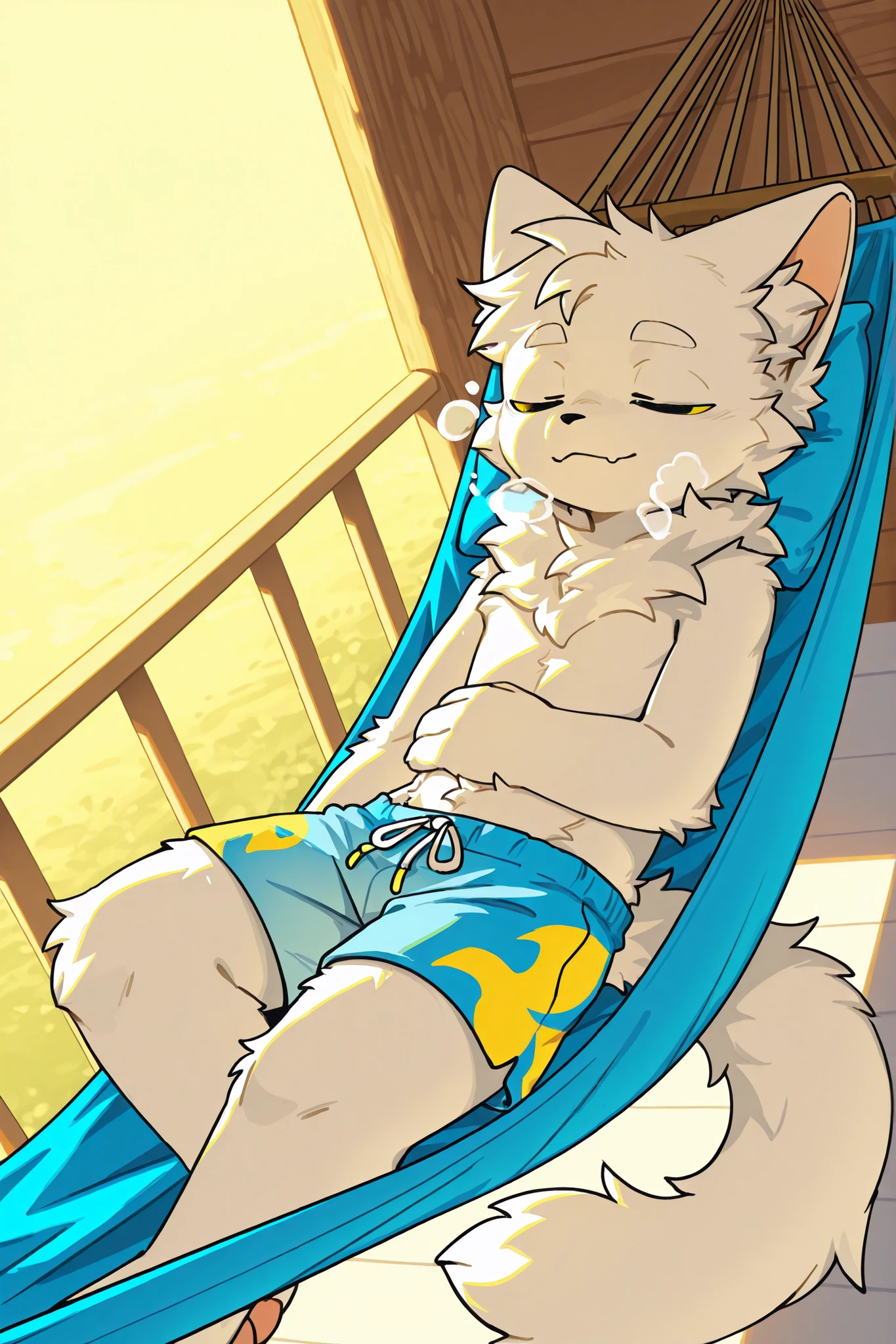 1boy, solo, white cat boy, sleeping while sunbathing on a balcony,
lying on a hammock, warm sunlight, upper body bare, wearing light blue hot pants,
relaxed peaceful expression, soft breathing, fluffy white fur, blue and yellow eyes closed,
gentle summer lighting, soft shadows, calm atmosphere, detailed background, light breeze