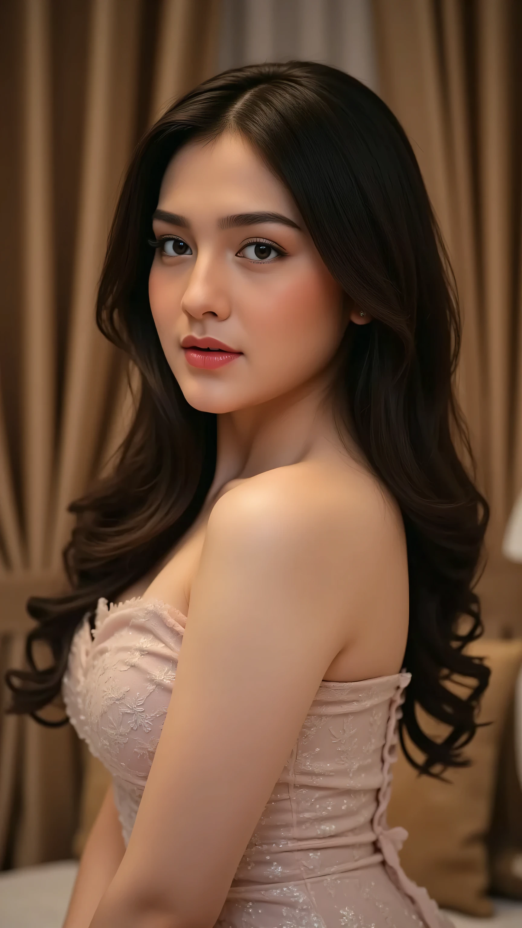 beautiful young woman, celebgram, sensual,  gaze, full-body shot, detailed portrait, delicate facial features, alluring expression, captivating pose, slender figure, natural skin tones, high-end fashion, luxury setting, elegant ambiance, cinematic lighting, 8K, ultra-detailed, photorealistic, professional photography, dramatic colors, warm tones, soft focus