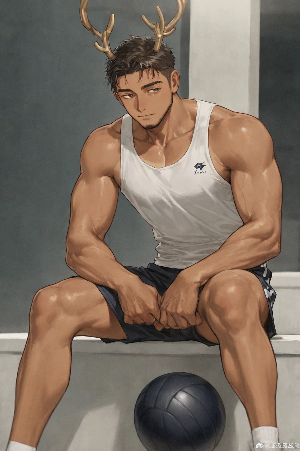 masterpiece, best quality, 1boy, solo, male focus, leaning forward, handsome, muscular male, black tank top, shorts, bulge, brown eyes, short hair, black hair, looking at viewer, (covered :0.8), bara, sweat, park, tree
