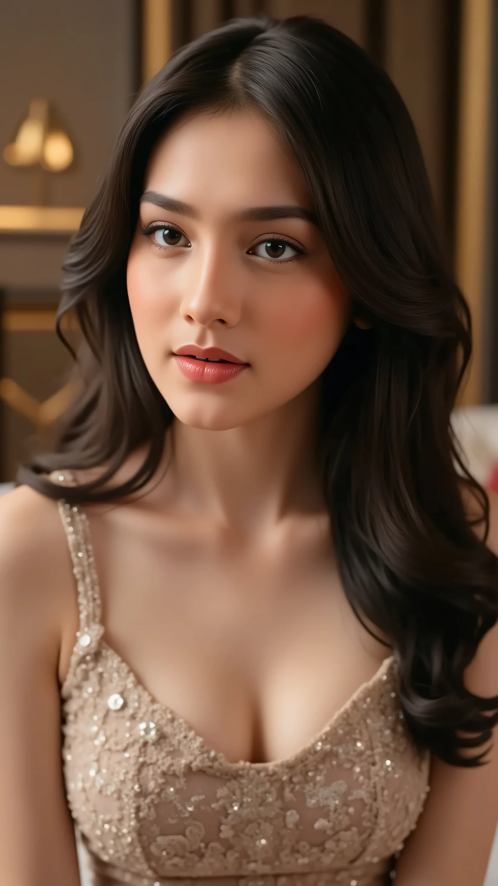 beautiful young woman, celebgram, sensual,  gaze, full-body shot, detailed portrait, delicate facial features, alluring expression, captivating pose, slender figure, natural skin tones, high-end fashion, luxury setting, elegant ambiance, cinematic lighting, 8K, ultra-detailed, photorealistic, professional photography, dramatic colors, warm tones, soft focus