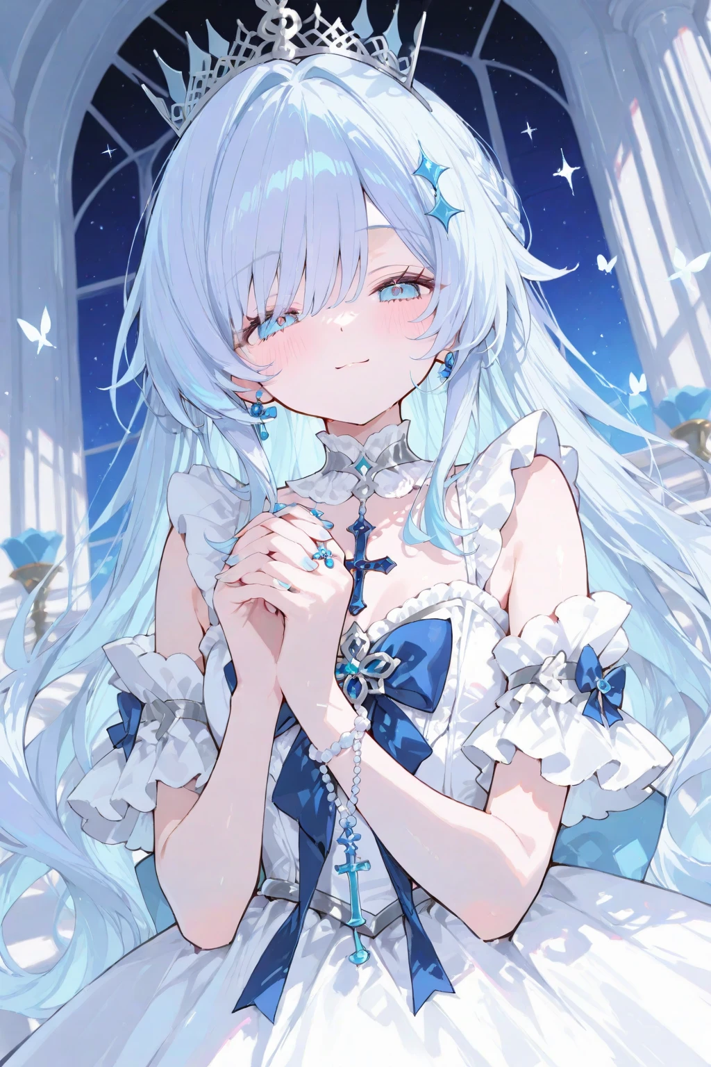 Anime girl with blue eyes and white hair, Symmetrical up and down，Daughter，Full body female love，Hands together，flowers bloom，（Very detailed:1.1），masterpiece，Super fine，best quality，8K