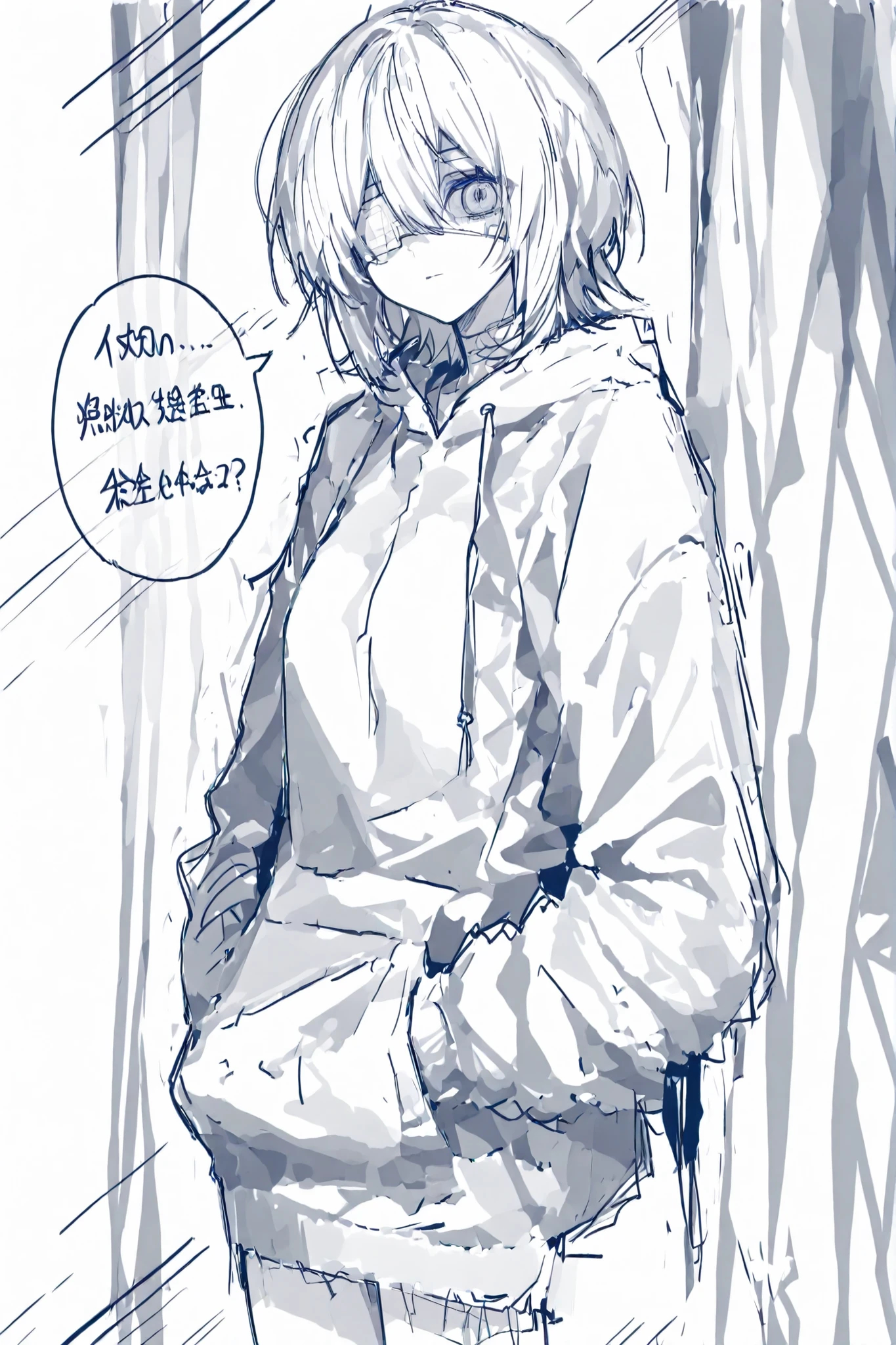 748cmstyle,1girl,(Sketch art:1.5),(rough lines:1.3),wolf cut hair,bandaged eye,monochrome,yandere,expressionless,both hands in pockets