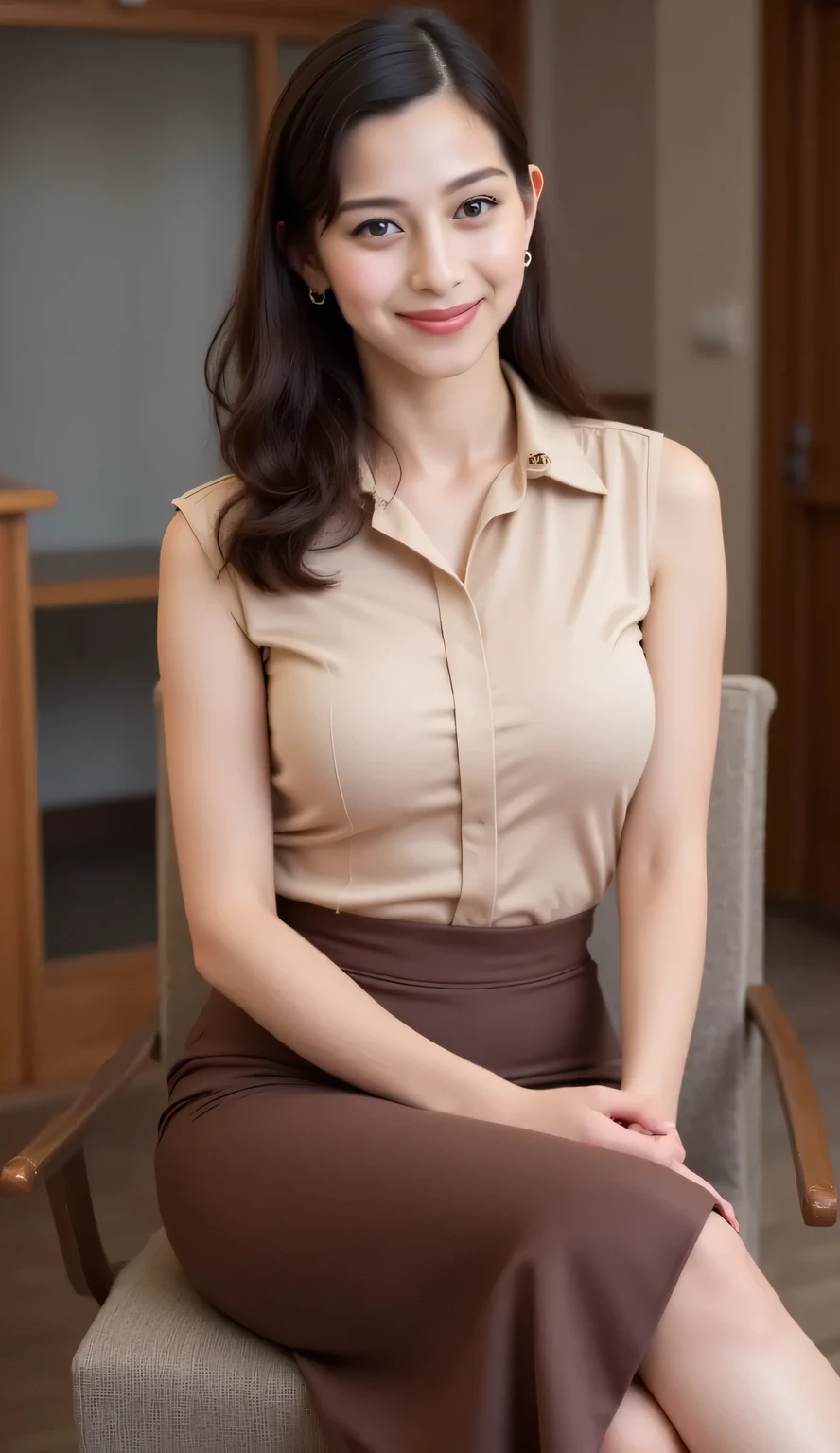 A female teacher sitting in a chair ,  use a formal shirt of beige color sleeveless satin material, use a tight span skirt of satin material long to the legs of dark brown color,  big and round breasts , happy smiling face 
