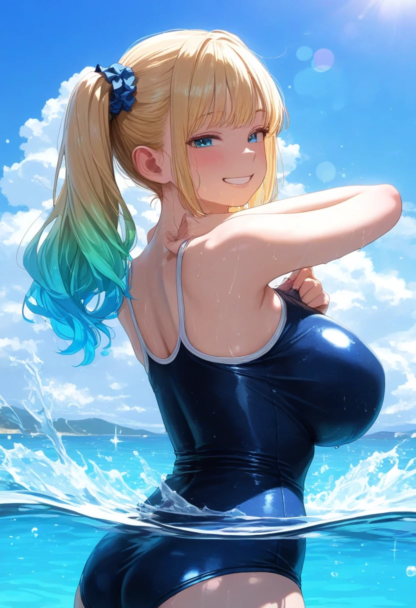 (,)(hachimiya meguru,blond hair,blue eyes,hairclip),((solo girl)),((Perfect body,))((Super beautiful,))((High quality,))((Heavy breathing,sweat, Sweaty and wet all over,)),backlit,shiny glossy,gigantic breast, Looking at Viewer,((Beach side, American swimsuit, sexy swimsuit, sun visor, splashing water, water pose, cowboy shot, one eye closed)),Smile, visible through clothes,