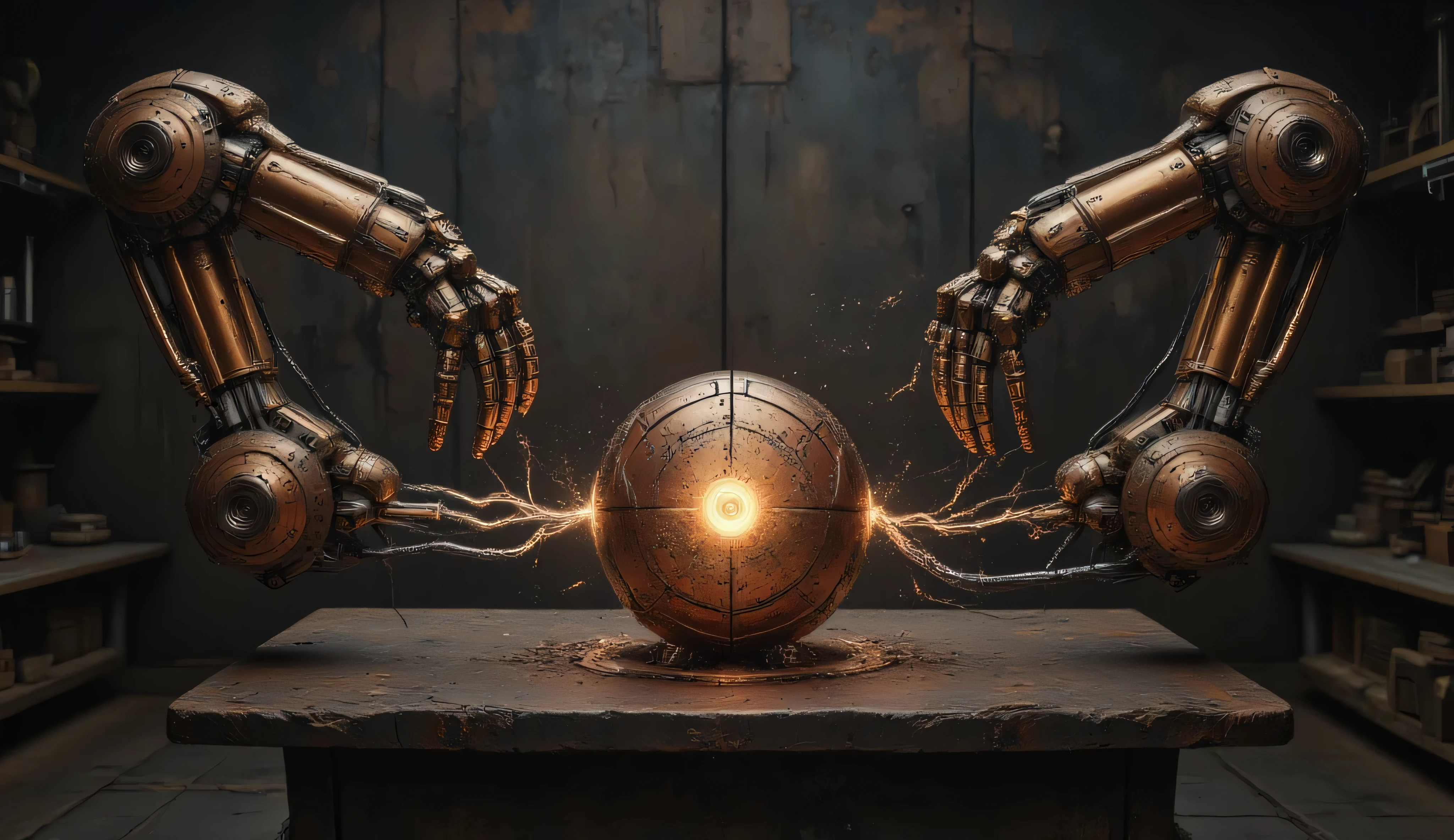Two long copper robotic arms with 4 manipulator fingers. An electric current emanates from them. A copper, uneven sphere on an iron table to which these arms are attached. An electric eye in the sphere. A creepy laboratory in black and copper colors.