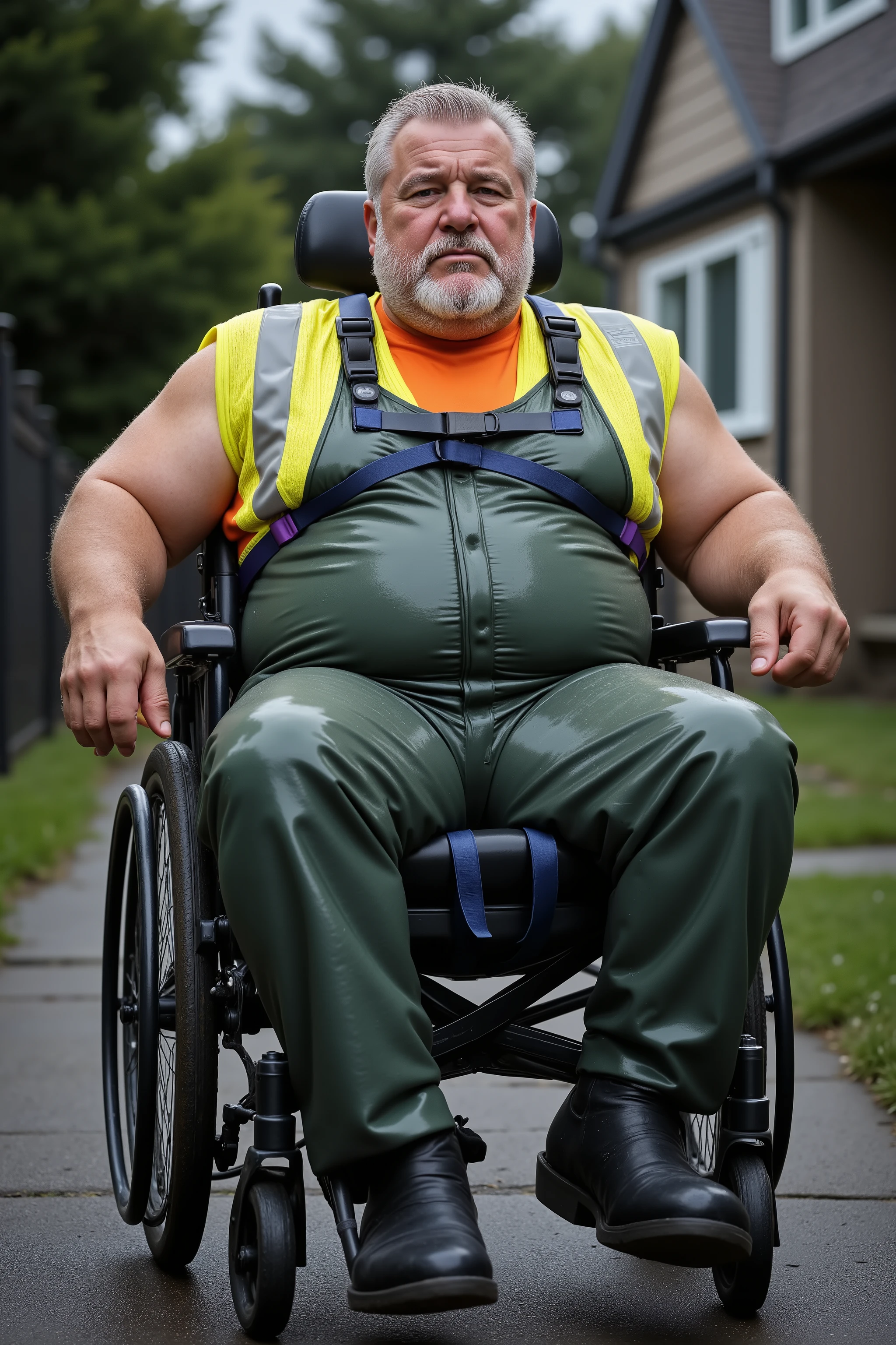 a 84 year old elderly musclebear with gray hair and a long beard, 300 pounds, heavy belly thick arms heavy thighs, wearing a high visibility yellow and orange work vest with silver high visibility stripes with light dust and grime stains, wearing green latex bib style overalls with purple straps, the man is sitting in a wheelchair, the man wears a thin strapped blue leather wheelchair harness, the man wears black cowboy boots, the man is on a suburban sidewalk near a house on a dim rainy day