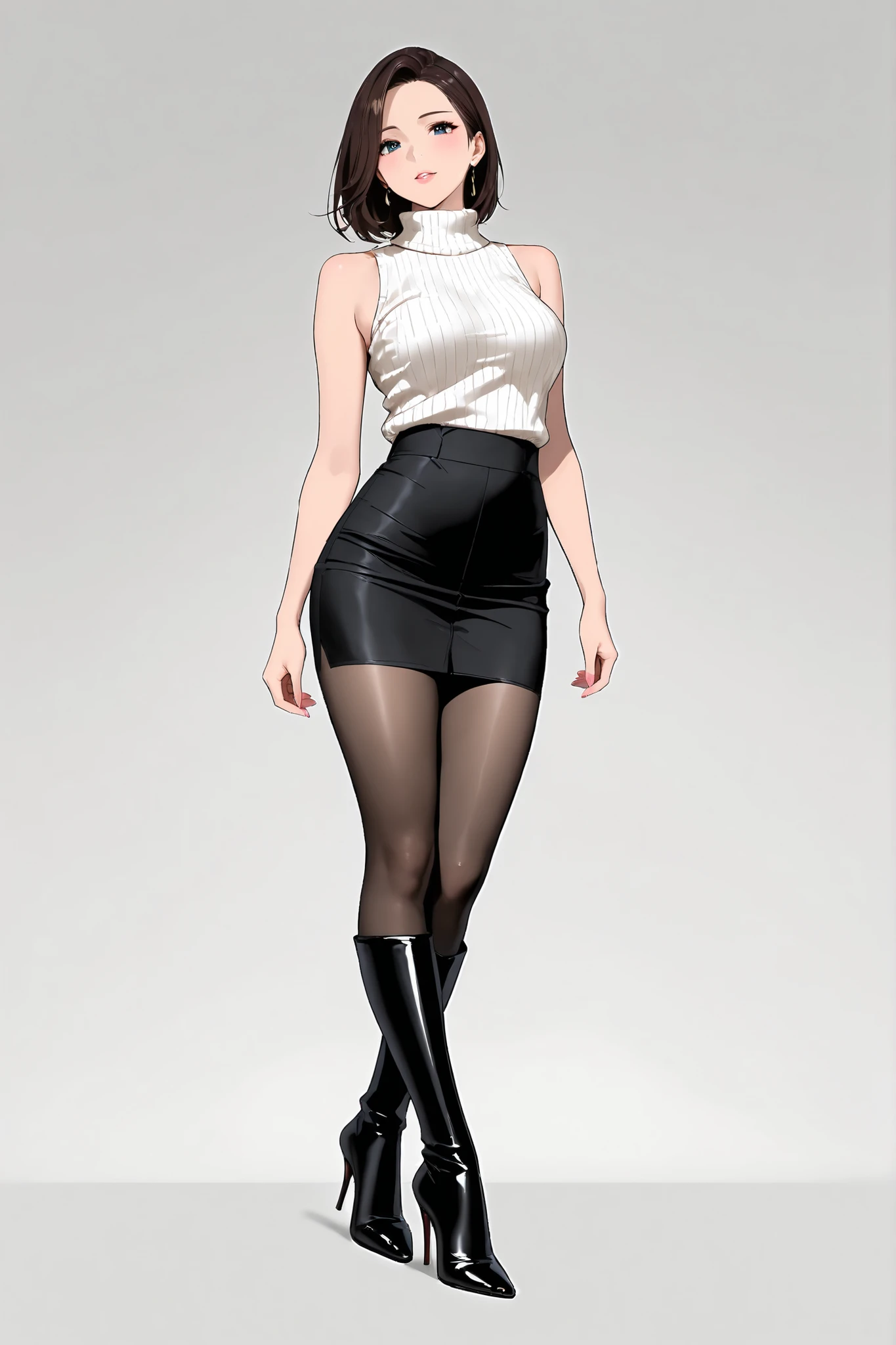  (inspired by ),(masterpiece, best quality),beautiful-woman, ((detailed face)),((detailed body)),(full body:1.3).

The woman is wearing sleeveless turtleneck sweater and pencil-skirt with pantyhose ,((black knee-length-boots with high-heels :1.5.)),