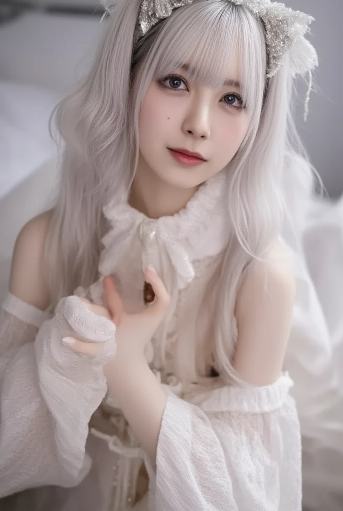 (Realistic:1.8), (Digital art:0.2), (Geometric art:1.7),(agpi official art, beautiful and aesthetic, ultra detailed, beautiful, masterpiece, best quality:1.6), (1girl:1.2), Detailed face, Detailed eyes, Detailed hair, young fingers, Detailed fingers, five fingerREAK cute ig model, Japanese cute model, 22 years old, Tightened all body, small head, small face, small mouth, diamond Face, small nose, Sharp Faceline, (dropy eyes, Double eyelid, Light color eyes, Glossy eyes, Shiny eyes:1.2), Shiny skin, shiny hair, (gray hair:1.2),
_
BREAK (happy, smile, Teeth, Glossy Lip:1.2),beautiful Teeth, (upper body:1.5), sitting, from front,
_
BREAK (BLACK and White theme:1.4), (Cute Christmas theme:1.2), (fluffy Santa hat with ribbon:1.2), (adorable BLACK and white candy cane-striped off-shoulder top:1.2), (short length White pleated skirt with subtle Polka dot pattern:1.2), (festive knee-high socks with small bows:1.2), (festive White and BLACK ankle boots:1.2), BREAK (sparkling snowfall background:1.2), (Fog, mist:1.4),(joyful expression:1.2), (holding a cute gift box with a big bow:1.2), (gentle snow breeze:1.2),