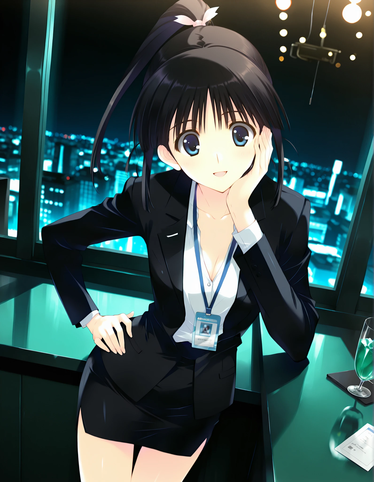 masterpiece,best quality,good quality,newest, (masterpiece, best quality, ultra-detailed, 8k, sharp focus, absurdres),
smile, looking at viewer, solo, anime coloring, sugiura_koharu\(white_album_2\),1girl,black hair,ponytail,hair ribbon,blue eyes,1girl, solo focus, office lady, beautiful detailed face, 
black tailored jacket (front open), white dress shirt tucked in, black pencil skirt, slim waist, hip emphasis, ID card lanyard around neck,black high heels, 
standing three-quarter view, hand on hip, confident expression, slight smile, 
modern office lobby background, large windows, city night view, bokeh lights, 
cinematic lighting, rim light, god rays through glass, depth of field,  DefeatPoseIL
intricate fabric texture, realistic folds on shirt and skirt, subtle cleavage,solo focus, full body, long shot,Dynamic pose,High solution,. her hair is floating in the air, Reflecting agile movements, Contrasting colors enhance the lively atmosphere of the scene, The speed effect of moving lines adds an anime touch to the action)), (((Motion Effect))), (Like a subtle blur),fighting stance,((condensation)),,(( blurry)),,(((melancholy))),(((solo:1.3))), hand on own face , open hands , spread fingers , arm support , arm rest , holding cup , ice , bar \(place\) ,  , [looking down , :looking at viewer , :0 . 5] smile , (green theme:0 . 5) , dark background , shadow , photo background ,(open mouth),, ID card reflecting soft light, 