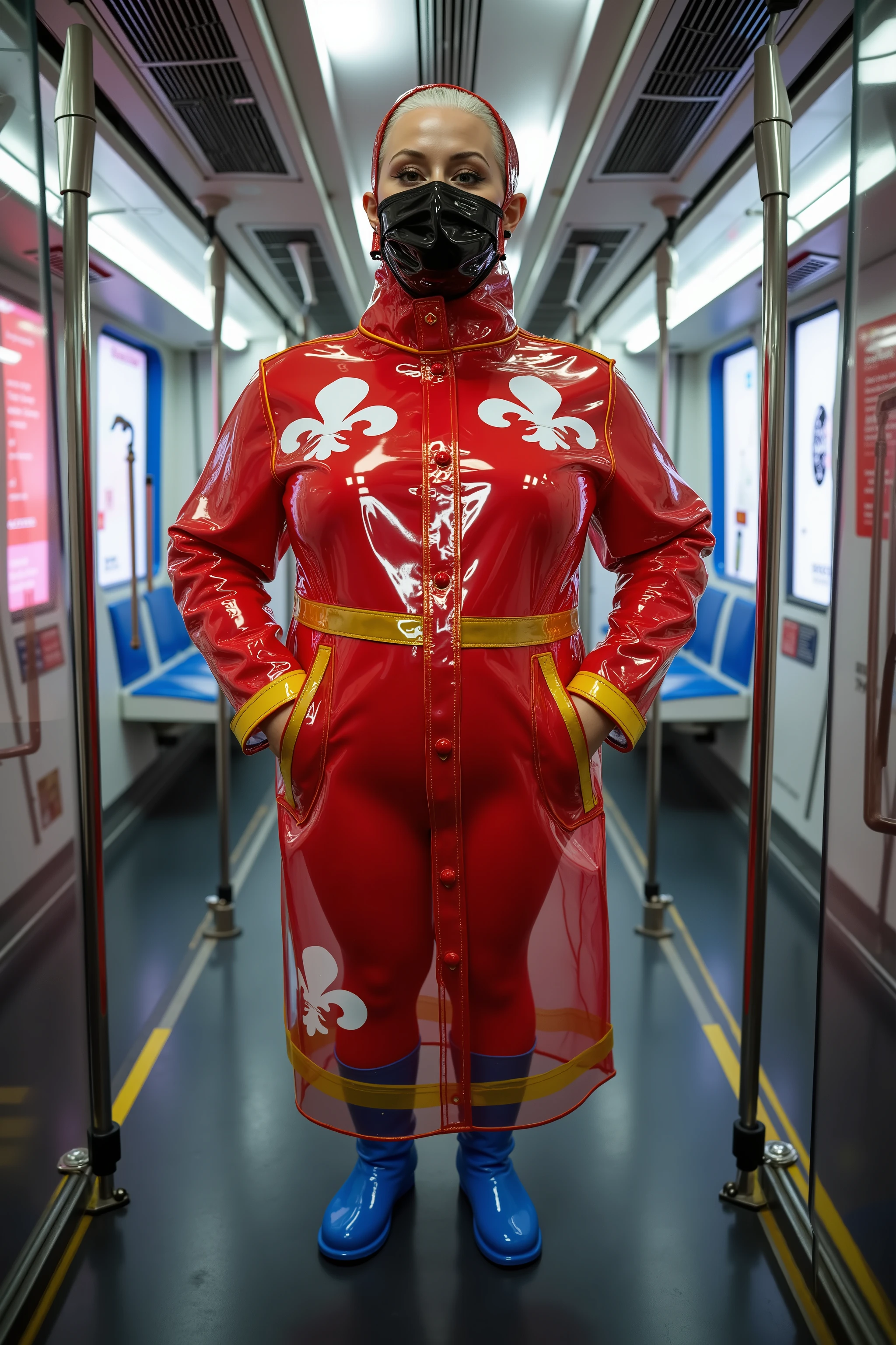 a wide angle image of a 34 year old woman with moderate obesity, thick arms, medium belly, thick thighs, wearing an all black rubber latex face mask, wearing a red rubber gown with white rubber fleur de lis detail, the gown has gold details at the legs and ankles, it is long tight and restrictive, the sleeves are tight fitting and cover part of her hands, the woman wears a pradarctrans2003 translucent raincoat with yellow trim over her clothing, the raincoat has a yellow trimmed translucent vinyl belt, the woman wears blue knee high patent leather boots, the woman is standing in a futuristic subway rail car, the woman is standing near the doors of the rail car inside of the rail car, the rail car is traveling at high speed in sunrise of a large futuristic city with neon advertising and a glass tube surrounding the train