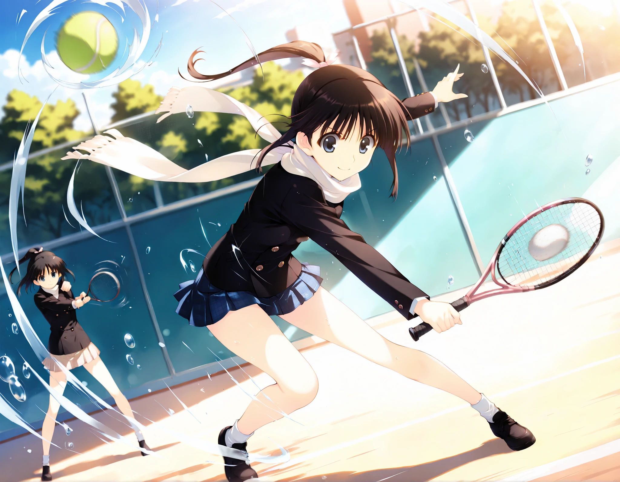 masterpiece,best quality,good quality,newest, outdoors,day, smile, looking at viewer, solo, anime coloring, sugiura_koharu\(white_album_2\),1girl,black hair,ponytail,hair ribbon,blue eyes, white scarf,black jacket,double-breasted, plaid_skirt,pleated_skirt,blue skirt,solo focus, full body, long shot,((Dynamic pose,High solution,. her hair is floating in the air, Reflecting agile movements, Contrasting colors enhance the lively atmosphere of the scene, The speed effect of moving lines adds an anime touch to the action)), (((Motion Effect))), (Like a subtle blur),fighting stance,((condensation)),,(( blurry)), {water drop:0.6},,(((melancholy))),holding tennis racket , tennis , smile , outstretched arm , tennis ball hitting,((Dynamic pose,High solution,. her hair is floating in the air, Reflecting agile movements, Contrasting colors enhance the lively atmosphere of the scene, The speed effect of moving lines adds an anime touch to the action)), (((Motion Effect))), (Like a subtle blur),running