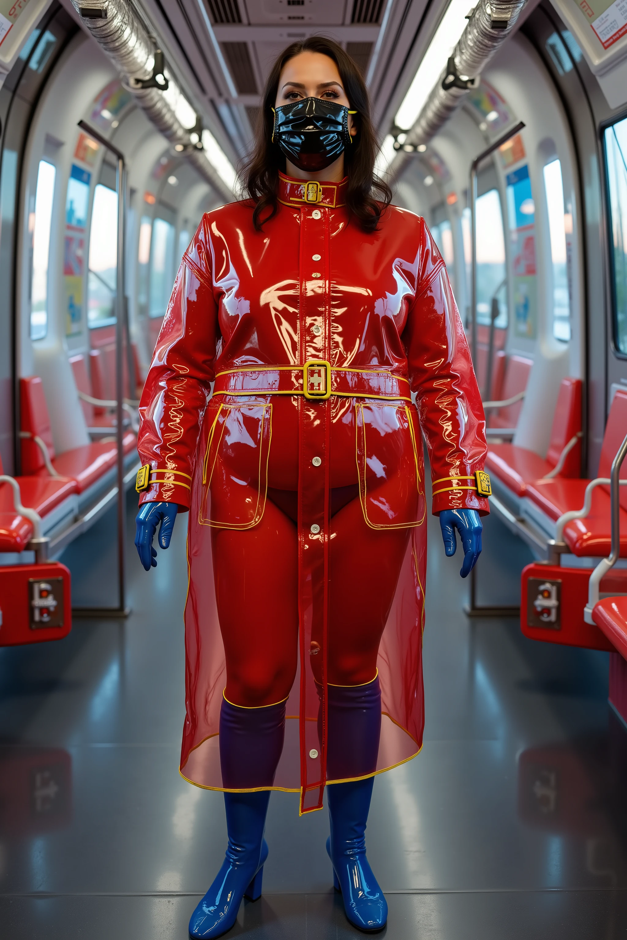 a wide angle image of a 34 year old woman with moderate obesity, thick arms, medium belly, thick thighs, wearing an all black rubber latex face mask, wearing a red rubber gown with white rubber fleur de lis detail, the gown has gold details at the legs and ankles, it is long tight and restrictive, the sleeves are tight fitting and cover part of her hands, the woman wears a pradarctrans2003 translucent raincoat with yellow trim over her clothing, the raincoat has a yellow trimmed translucent vinyl belt, the woman wears blue knee high patent leather boots, the woman is standing in a futuristic subway rail car, the woman is standing near the doors of the rail car inside of the rail car, the rail car is traveling at high speed in sunrise of a large futuristic city with neon advertising and a glass tube surrounding the train