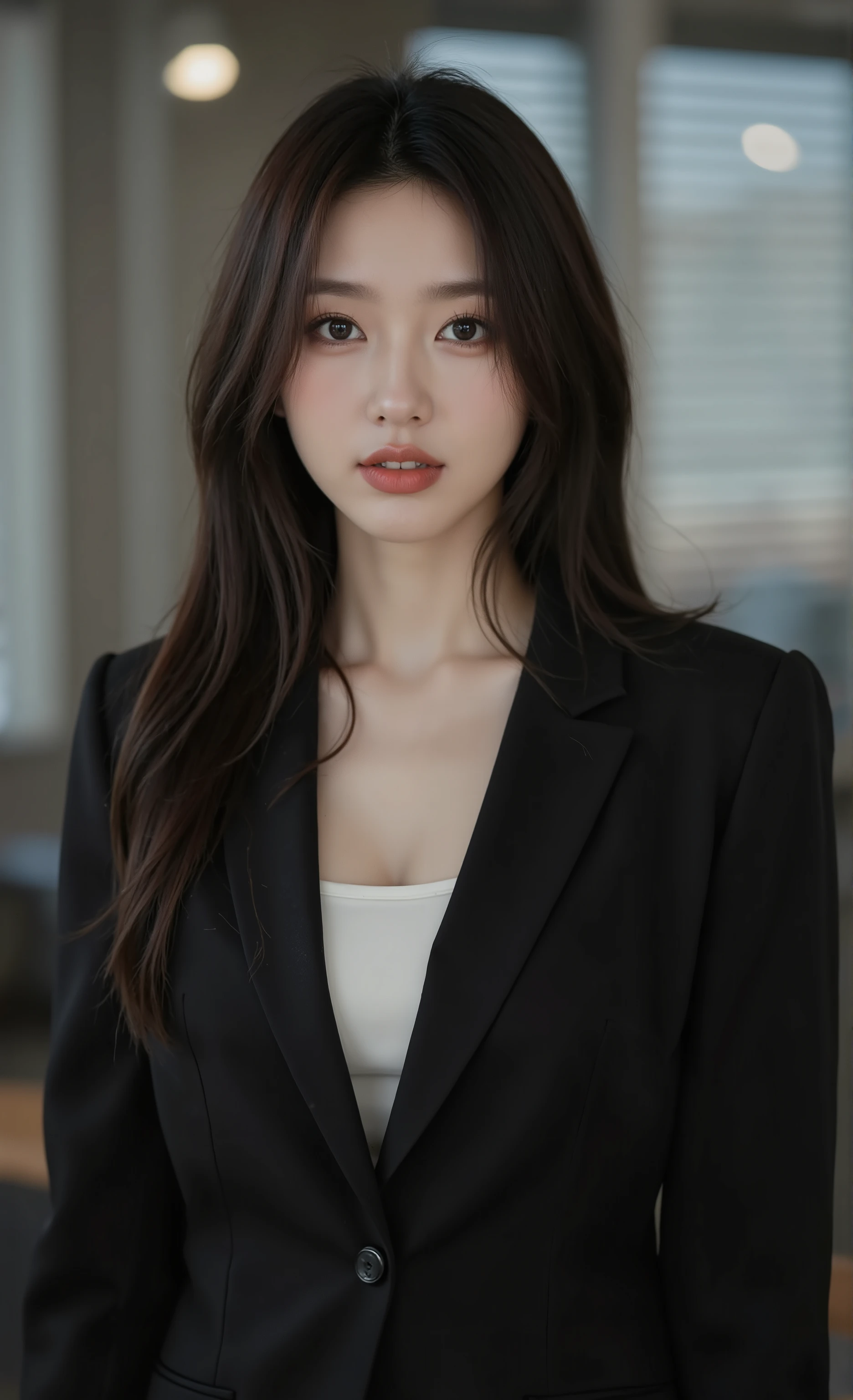 masterpiece, top quality, Realistic, An office worker's day, professional woman standing confidently by office window, Professional Woman Standing Confidently by the Office Window, business suit worn directly over skin、White bra on skin, RGB lighting in the morning shines through blinds creates dramatic shadows, bokeh effect on glass partition in the background, Smart Business Suit with Attention to Details, ultra high resolution, dslr photo, 50MM lens(F value )/1.4, Professional Corporate Portrait, depiction of skin texture, Vivid Eyes with Catchlights, hair with natural movement
