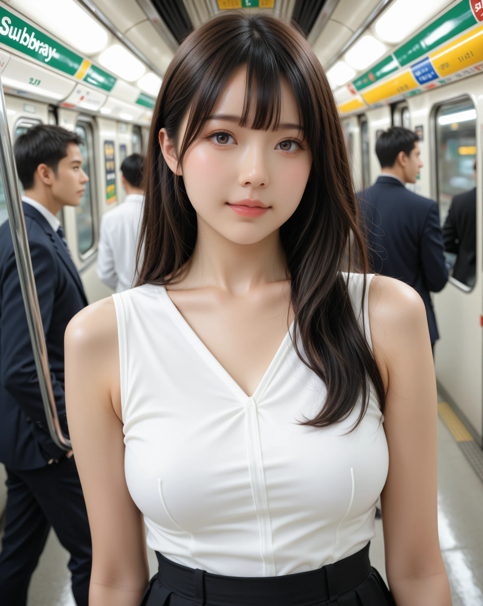 A packed train in tokyo, office ladies commuting to work, suits, people standing so close together that their bodies are touching, ((full body)), ((photo)), ((best qualtiy, 8K, tmasterpiece:1.3)), Focus:1.2, perfect figure beautiful girl:1.4, 1girl, cowboy shot, look at viewer, incredibly absurd, beautiful and cute girl with a photorealistic face, showcasing top-quality craftsmanship, A Japanese woman looking cramped on a crowded train, 20 years old, long dark brown hair that falls to her shoulders, long shiny hair, with bangs, side parted hairstyle, brown eyes, round face, small nose, cherry red lips, bright smile, white teeth, smooth skin, healthy complexion, small ears, natural eyebrows, long eyelashes, slim, well-balanced proportions, moderate muscle, slim waist, round hips, supple limbs, short nails, beautiful C cup breasts, white blouse, black tight skirt, heeled pumps, silver necklace and bracelet, black belt, pretty older woman, beautiful, neat, soothing, cute voice, polite, kind-hearted, responsible, positive, optimistic, sociable, good communication skills, April