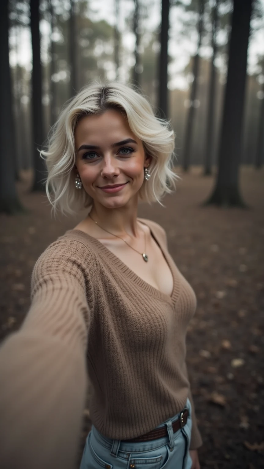 GinaBanini, masterpiece, (NSFW)best quality, ultra-detailed, beautiful lighting, Woman, tight jeans, blonde hair, (grey eyes:1.3), (white sweater:1.2), turtleneck, standing up, in park, beautiful scenery, slight blush, smiling, (cute smile:1,1), (glossy lips:1.1), (beautiful eyes:1.1), wonderful backround, closed mouth, arms_behind_back, short hair HD HQ UHD