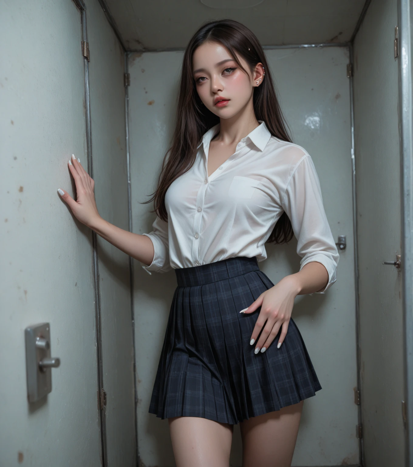 ((from the side)), 8 thousand, masterpiece, original photo, best quality, Detail:1.2),lifelike, Extremely Detailed CG unified 8 thousand wallpapers, depth of field, movie lights, lens flare, ray tracing, (an exceptionally beautiful face, beautiful lips, beautiful eyes), intricate Detail face, ((ultra Detailed skin)) 1 girl, in the dark, deep shadows, beautiful korean girl, Korean trend idol,(very slim body type:1.3), (bright smile), (City night, (neon lights), (night), white diamond earrings, diameter bracelet, Dia Neckrace, black pantyhose, clear eyes, walk , front view, facing forward, (big eyes), ((race)), Leg exposure, office, office, high heel, white shirt, black skirt, long legs, It's not on the desk