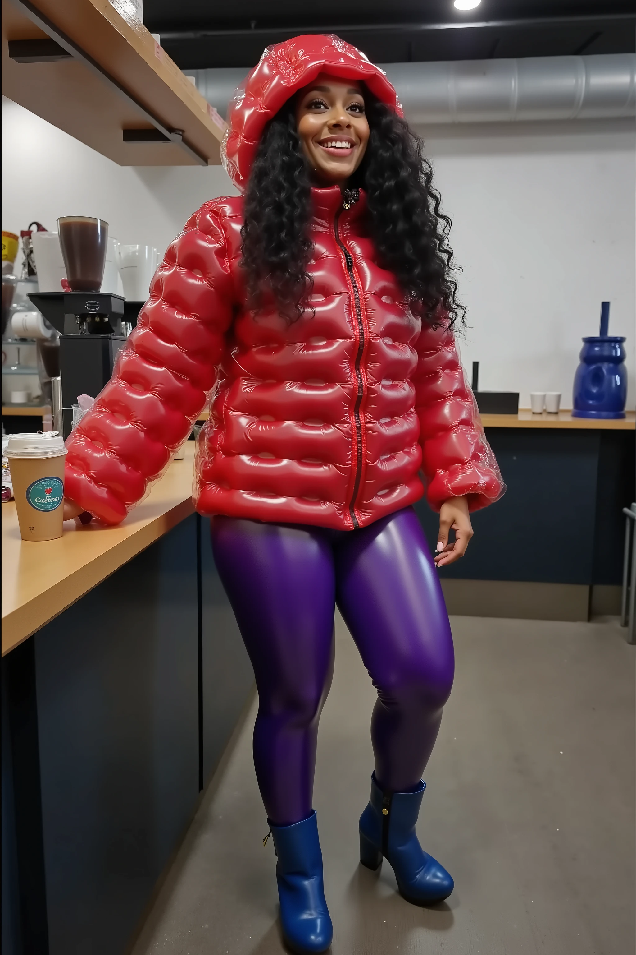 a 39 year old black woman that is tall with long curly hair, weighing 180 pounds, thick muscular arms, wearing a plasticinflcoat VEST That is bright red vinyl tightly inflated, her arms are covered in tightly inflated translucent vinyl, the woman wears shiny purple rubber leggings that fit tightly, the woman wears blue ankle length boots, the woman is in a futuristic coffee shop, the woman stands near a counter with coffee mugs on it, her left hand is on a mug of coffee