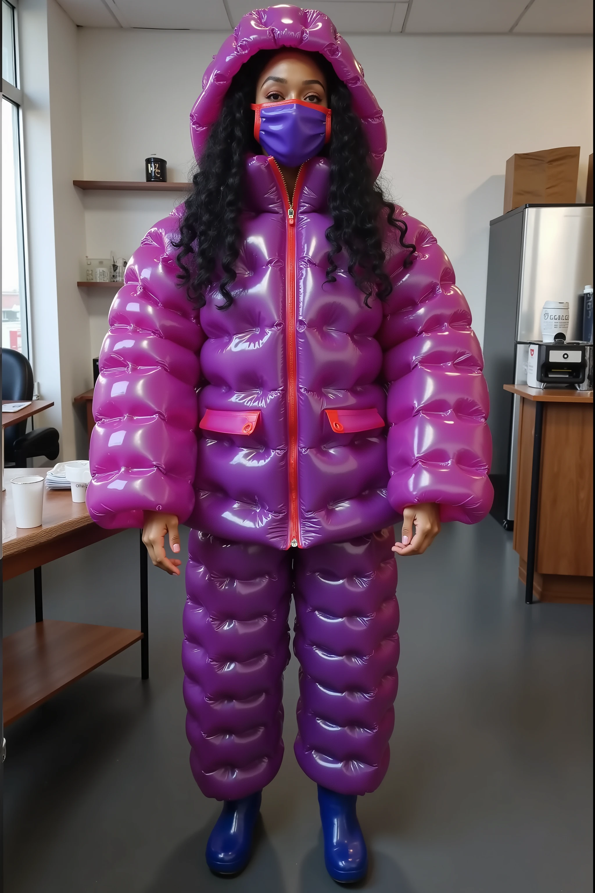 a 39 year old black woman that is tall with long curly hair, weighing 180 pounds, thick muscular arms, wearing a plasticinflcoat VEST That is bright pink and purple striped vinyl tightly inflated, her arms are covered in tightly inflated translucent vinyl, the woman wears shiny purple rubber leggings that fit tightly, the woman wears blue ankle length boots, the woman is in a futuristic coffee shop, the woman stands near a counter with coffee mugs on it, her left hand is on a mug of coffee, the woman is wearing a bright shiny purple latex face mask with red straps