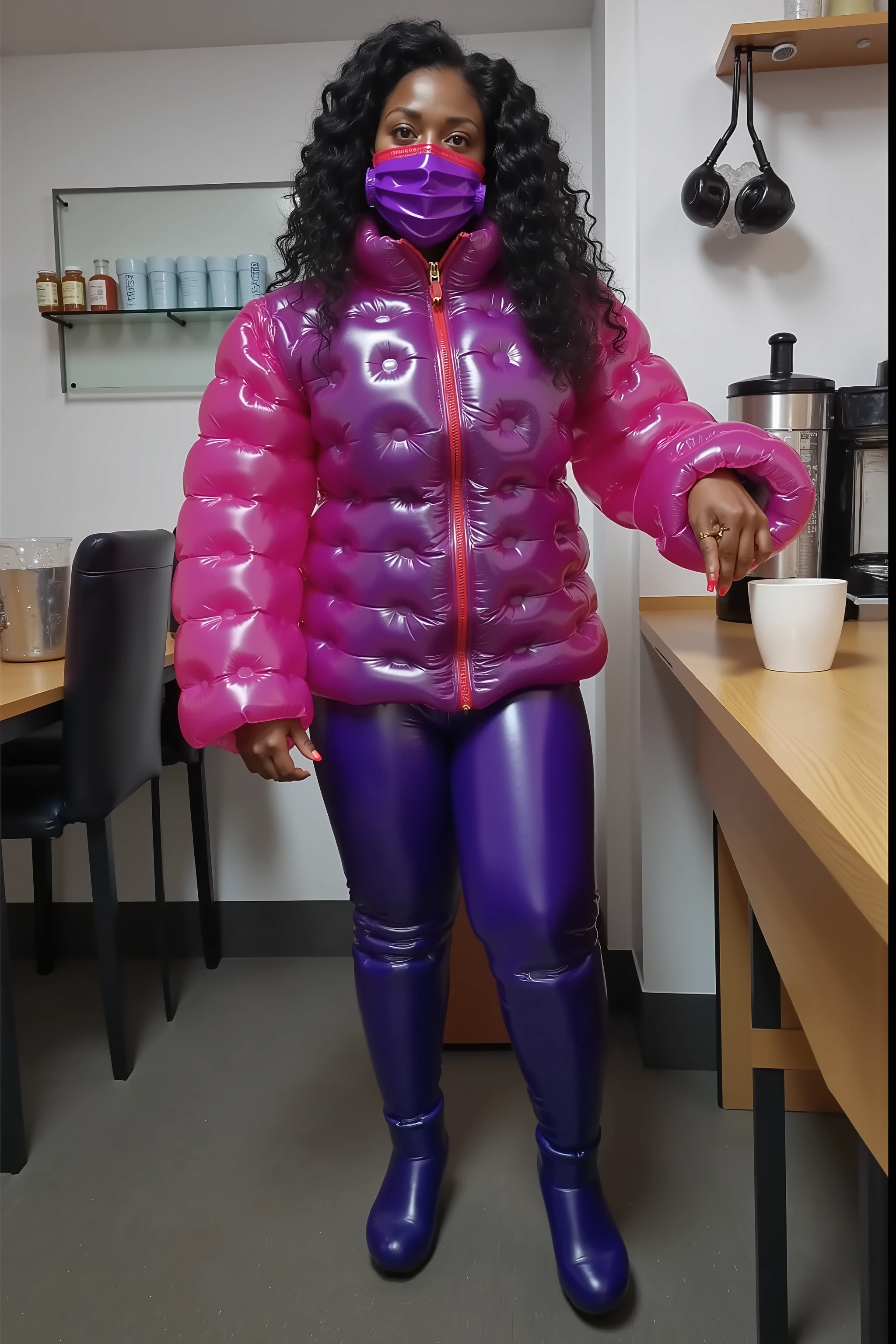 a 39 year old black woman that is tall with long curly hair, weighing 180 pounds, thick muscular arms, wearing a plasticinflcoat VEST That is bright pink and purple striped vinyl tightly inflated, her arms are covered in tightly inflated translucent vinyl, the woman wears shiny purple rubber leggings that fit tightly, the woman wears blue ankle length boots, the woman is in a futuristic coffee shop, the woman stands near a counter with coffee mugs on it, her left hand is on a mug of coffee, the woman is wearing a bright shiny purple latex face mask with red straps