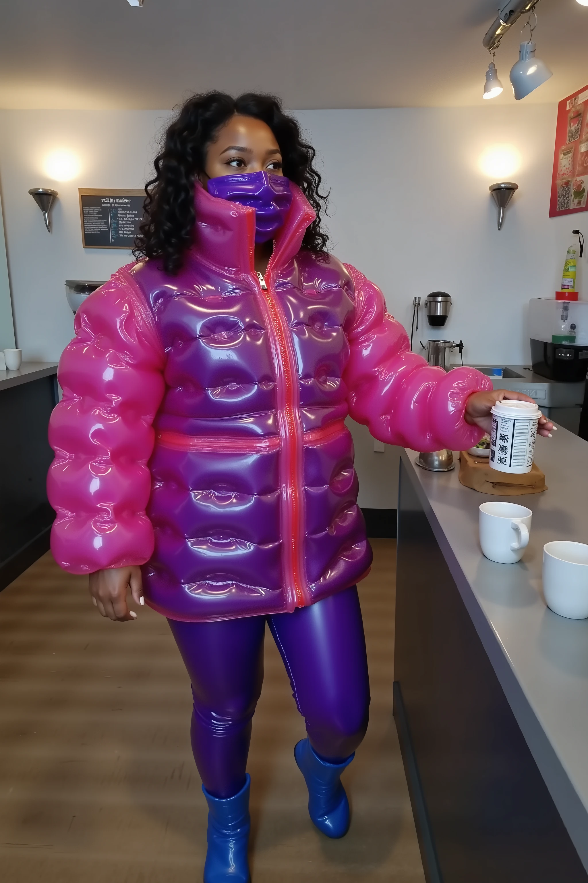 a 39 year old black woman that is tall with long curly hair, weighing 180 pounds, thick muscular arms, wearing a plasticinflcoat VEST That is bright pink and purple striped vinyl tightly inflated, her arms are covered in tightly inflated translucent vinyl, the woman wears shiny purple rubber leggings that fit tightly, the woman wears blue ankle length boots, the woman is in a futuristic coffee shop, the woman stands near a counter with coffee mugs on it, her left hand is on a mug of coffee, the woman is wearing a bright shiny purple latex face mask with red straps