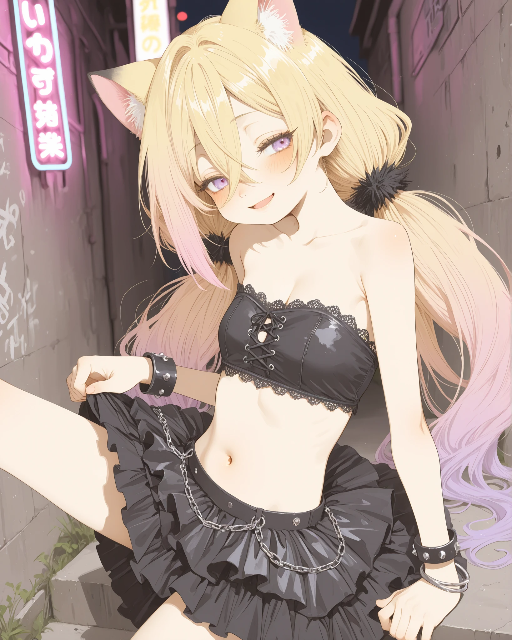 ((Abara Heiki style)), ((Masterpiece)), ((best quality, amazing quality)), ((very aesthetic, absurdres, newest)), ((detailed background, negative space, blurry background, depth of field, Asymmetrical background)), (dynamic angle, wide shot, from side), (cinematic lighting), ((1girl, solo)), cute young Girl, (Healthy Gaunt body, Textured skin, small , cleavage, tilt head), (blonde hair, gradient hair, Pastel colors Hair Tip, low pigtails), (hair between eyes, long bangs, long side bangs), Beautiful collarbone, smile, open mouth, blush, (fuzzy Cat ears), BREAK, (punk style bandeau, Embroidered black bandeau, strapless), shouders, cute navel, (Wearing tutu skirt, black skirt), heavy bangle, (pale purple eyes, gradient eyes, averting eyes, looking at side), (cute cheeks), glossy lips, (lower eyelashes), outdoor, wind blow, (loose sitting on the concrete steps, outstretched leg), aged concrete steps, (Unsafe back alley, English neon sign), midnight, dimly lit alleyway, ((lift up the skirt, lift by self)),