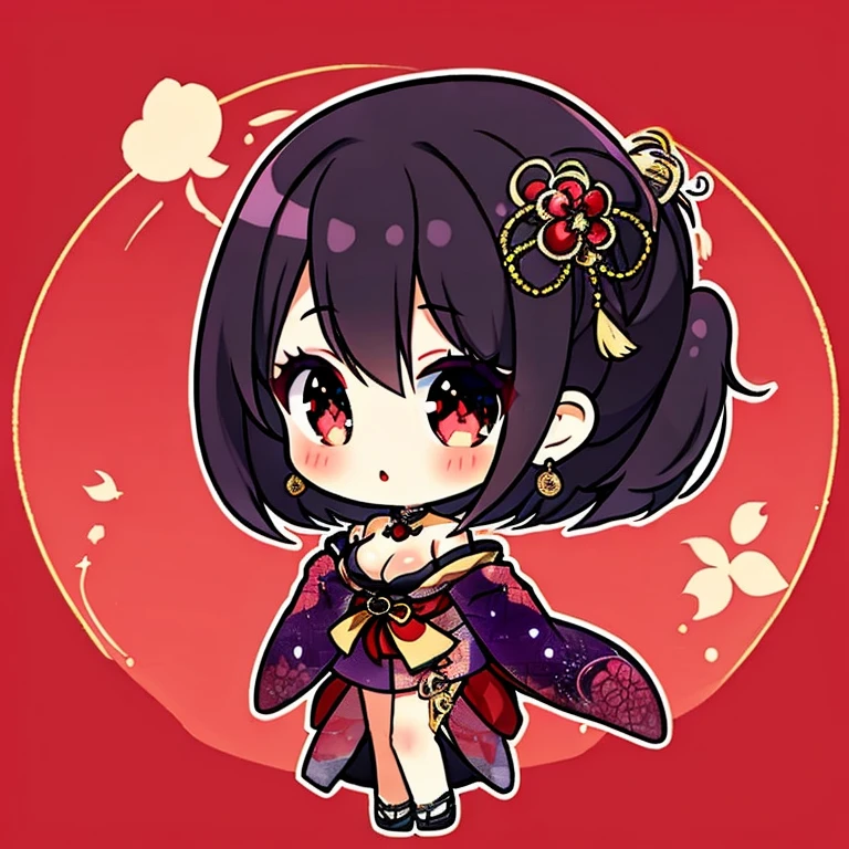 a single beautiful anime girl, facing left, left profile, strong side view, full body, standing gracefully with a slender leg silhouette, large breasts with a clean and elegant exposed chest line, wearing a dazzling and luxurious oiran-style kimono with layered fabrics and intricate floral patterns, beautifully detailed and richly embellished with shimmering gold and silver accents. Elegant off-shoulder design revealing her shoulders and delicate collarbones, sensual yet refined. Glossy black hair with a faint purple tint styled in an elaborate updo, adorned with ornate gold and silver hair ornaments and glittering kanzashi. Her makeup features white oshiroi-style skin, crimson lips, and soft violet churun eyes, serene and alluring like a night butterfly. Soft refined lighting emphasizing silk texture and delicate glow.
Plain solid red background, no petals, no extra decorations, no additional objects.
High-resolution, masterpiece, ultra-detailed, elegant and dreamy Japanese aesthetic.