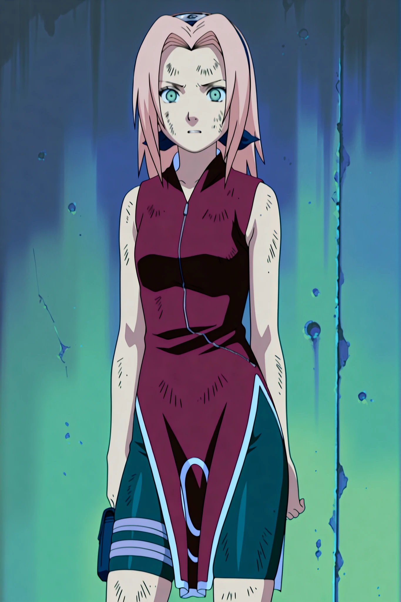 Haruno Sakura,1girl ,official,,bike shorts ,Fearful Expression, soft thighs