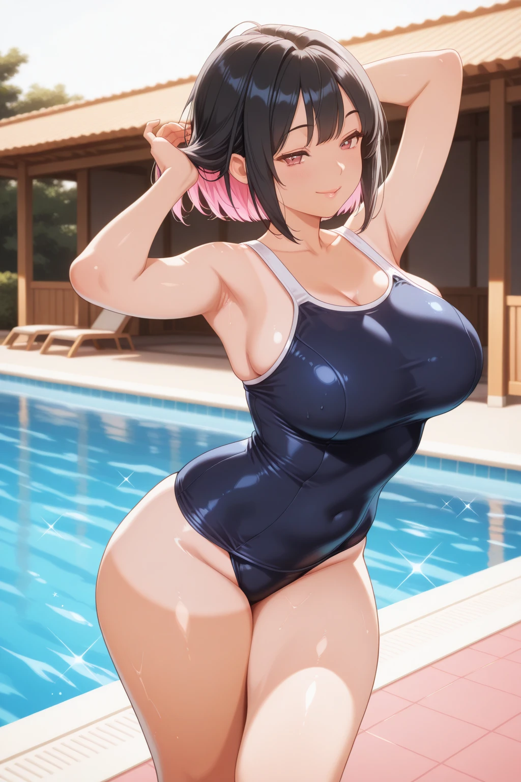 (gleaming skin:1.3), milf  with black short hair, curvy body, sky-blue eyes, wearing a one-piece swimsuit, standing, cityscape. 